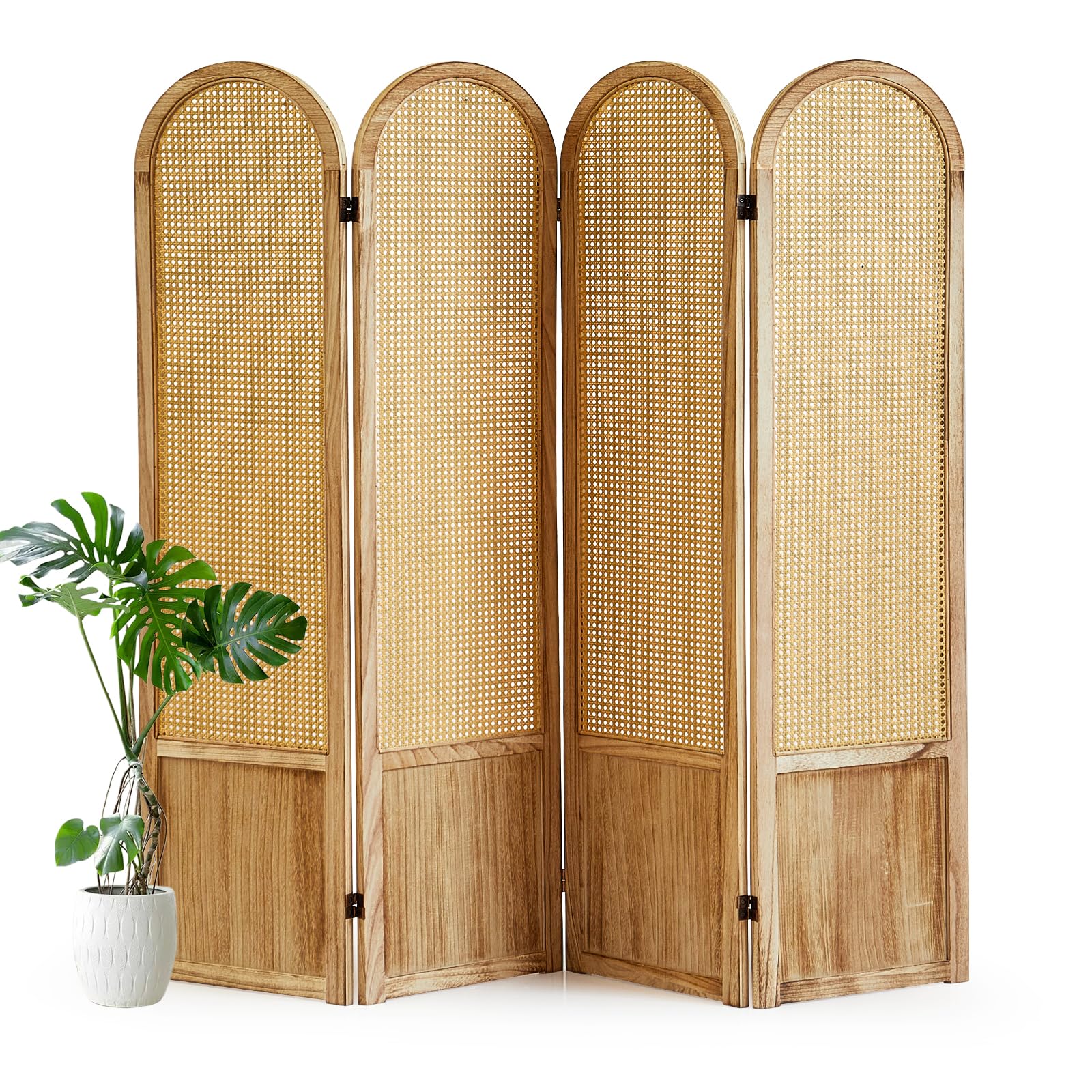 4 Panel Room Divider and Folding Privacy Screen, 5.6 Ft Foldable Double Hinged Rattan Partition, Hand-Woven Rattan Room Divider Portable Wood