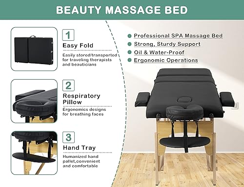 Miniatura 4 de Mesas de masaje, cama portátil de pestañas de 73 pulgadas de largo, 24 pulgadas de ancho, cama de spa portátil de altura ajustable, 3 mesas