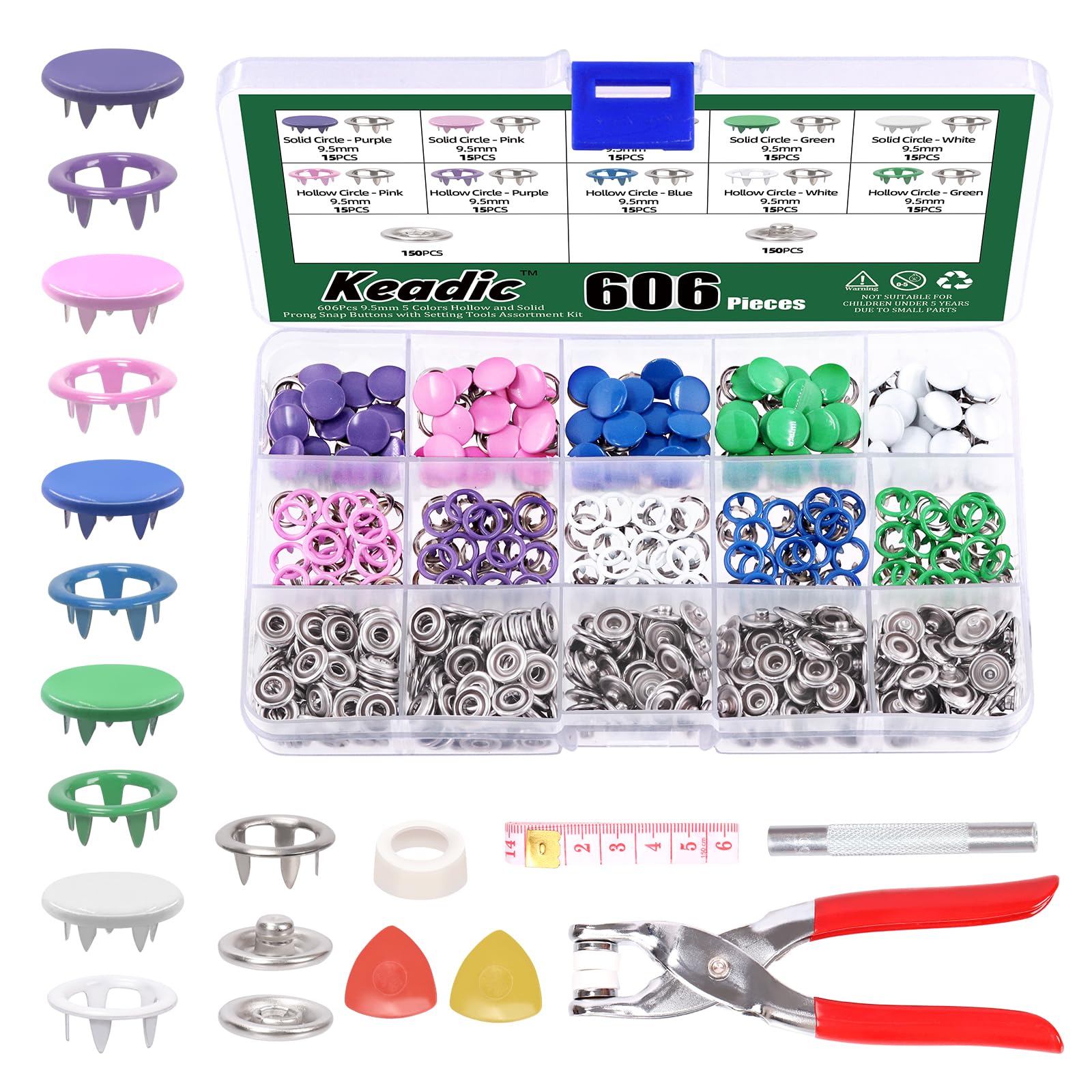 Keadic 606Pcs 10 Colors Metal Snaps Buttons with Setting Tool, 9.5mm Hollow and Solid Metal Prong Snap Buttons Fasteners for Clothing Crafting Sewing Bags Jeans Wears