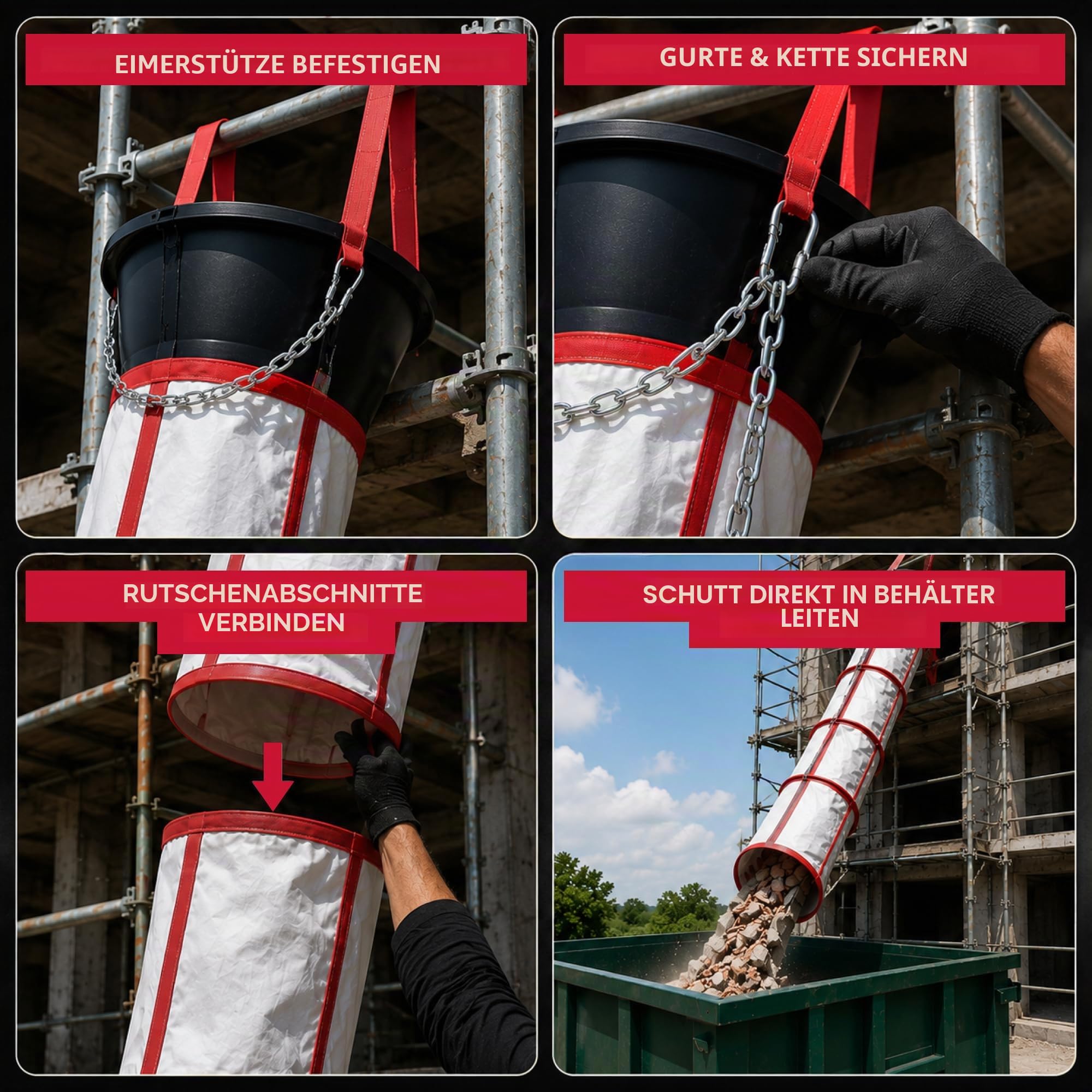 Flexible Schuttrutsche 5m | Bauschuttrutsche mit Einfülltrichter & Spanngurten | Robuste Abfallrutsche für Bauschutt, Renovierung & Baustelle | Schnelle Montage & Platzsparend