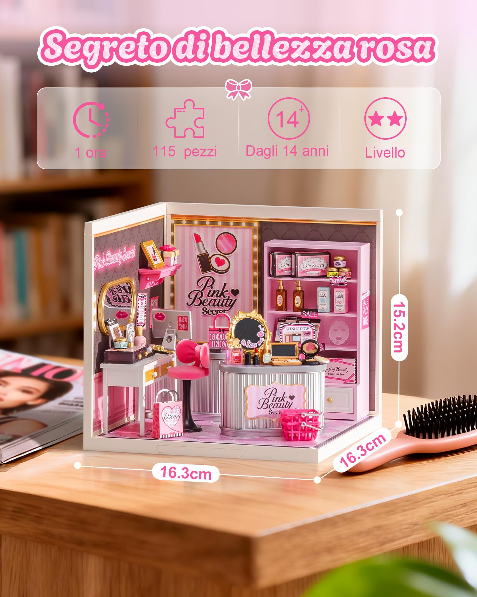 Rolife Super Creator Pink Beauty Store, Kit Fai da Te in Miniatura per Casa delle Bambole con Luce, Kit di Mobili per Casa delle Bambole in Plastica Senza Colla, Kit di Costruzione in Miniatura per