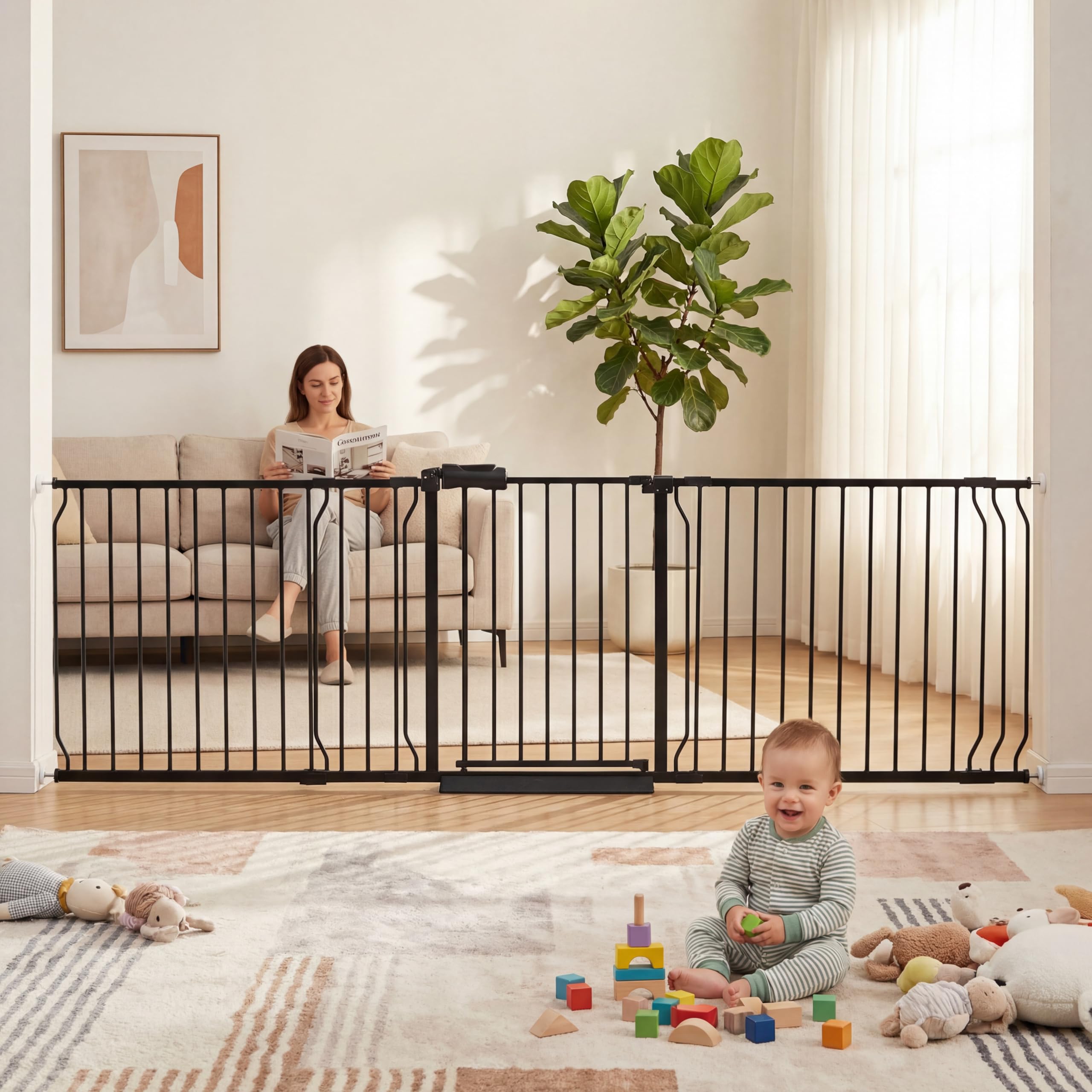 COSEND Extra Wide Baby Dog Gates for Doorways Tension Indoor Safety Gates Black Metal Large Pressure Mounted Pet Gate Walk Through Dog Gate for The