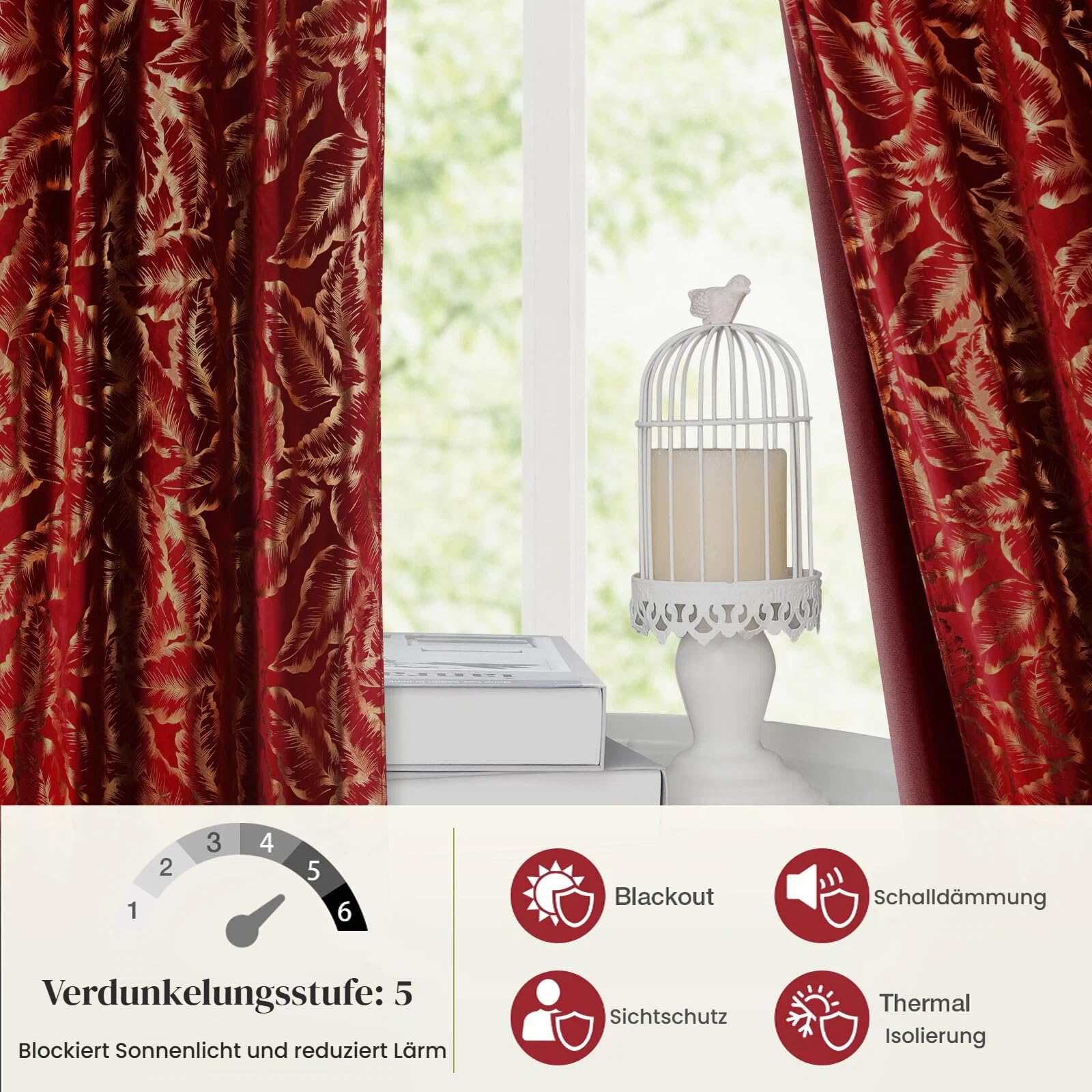 Lot de 2 rideaux en velours avec motif feuilles dorées - Beaux rideaux en velours - Opaques - Avec ruban fronceur - Pour salon, chambre à coucher - H 274 x l 132 cm - Rouge Noël