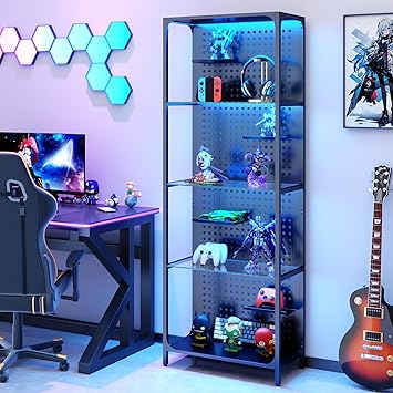 Display Case with LED Lights, Display Cabinet with Glass Storage Shelves, 4-Tier Display Shelf with 4-Layer Small Display Shelves for Collectibles, Curio Cabinet, Black (65 Inch)