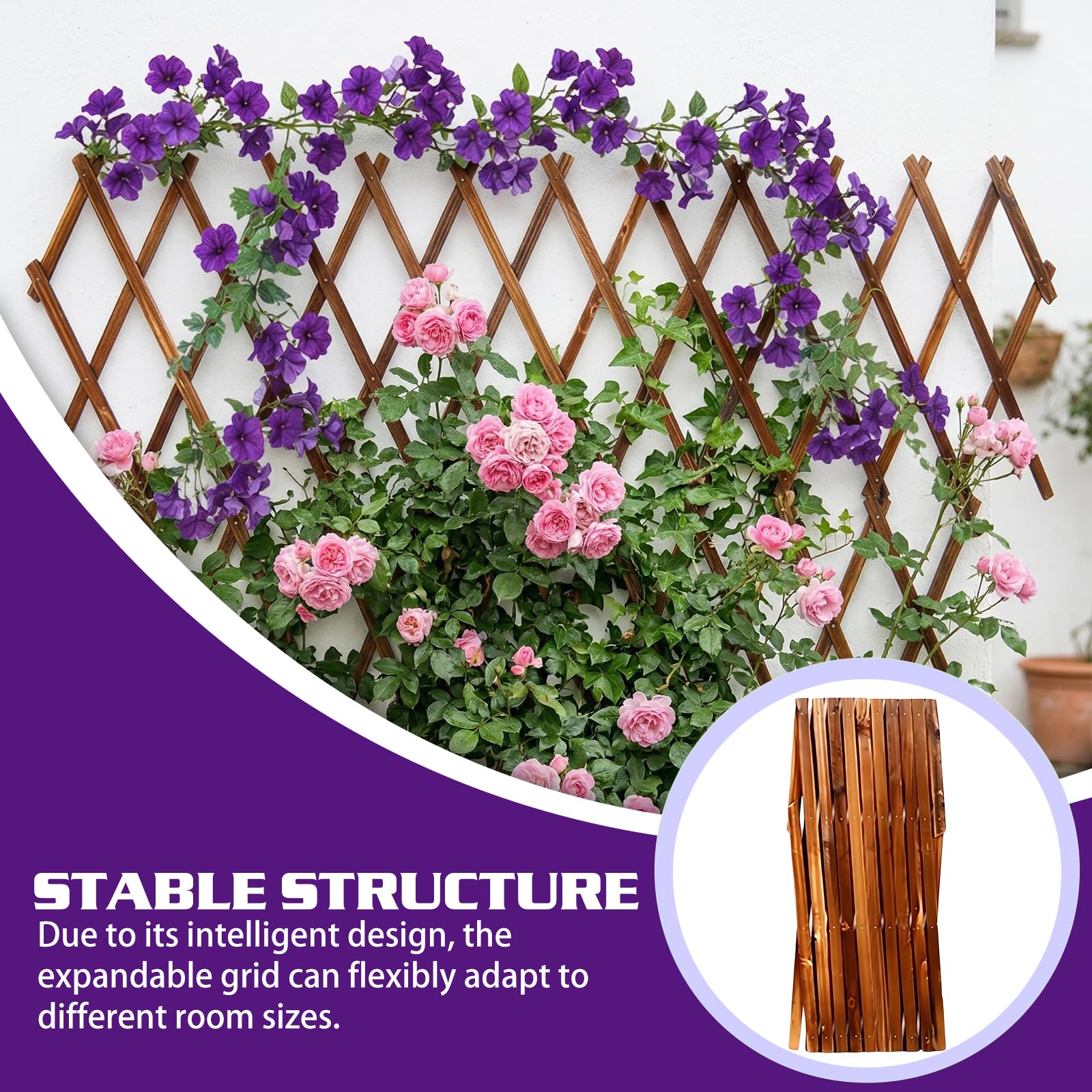 Enrejado extensible para plantas, 180 x 30 cm, rejilla de madera con 5 ganchos, enrejado vertical para plantas trepadoras, decoración de pared, soporte de madera para habitaciones, jardín, terraza