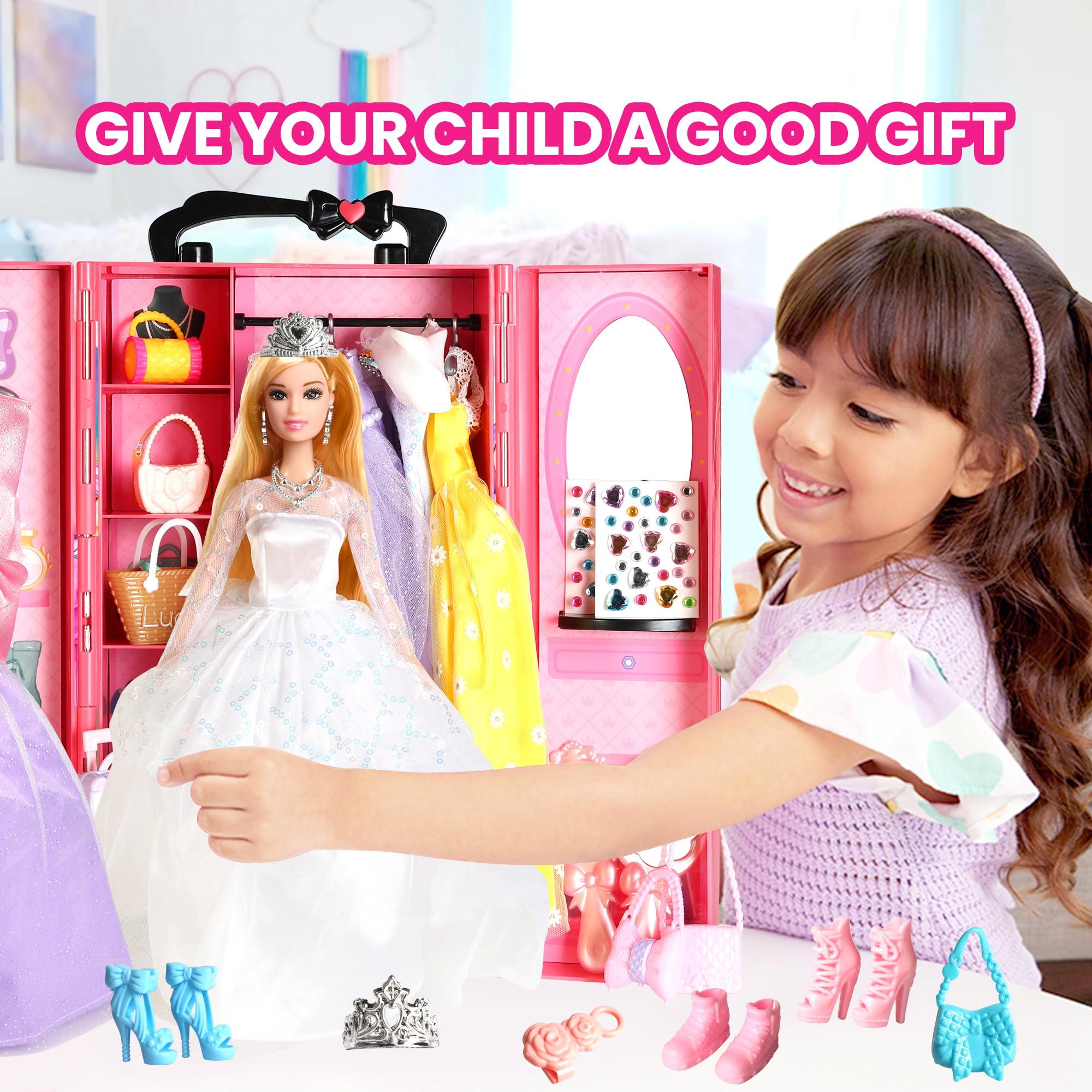 UCanaan Juego de 180 piezas de ropa y accesorios para muñecas, vestidos de princesa, vestidos, tops, pantalones, zapatos, perchas, armario de muñeca de moda, a partir de 3 años, los mejores Gitfs para