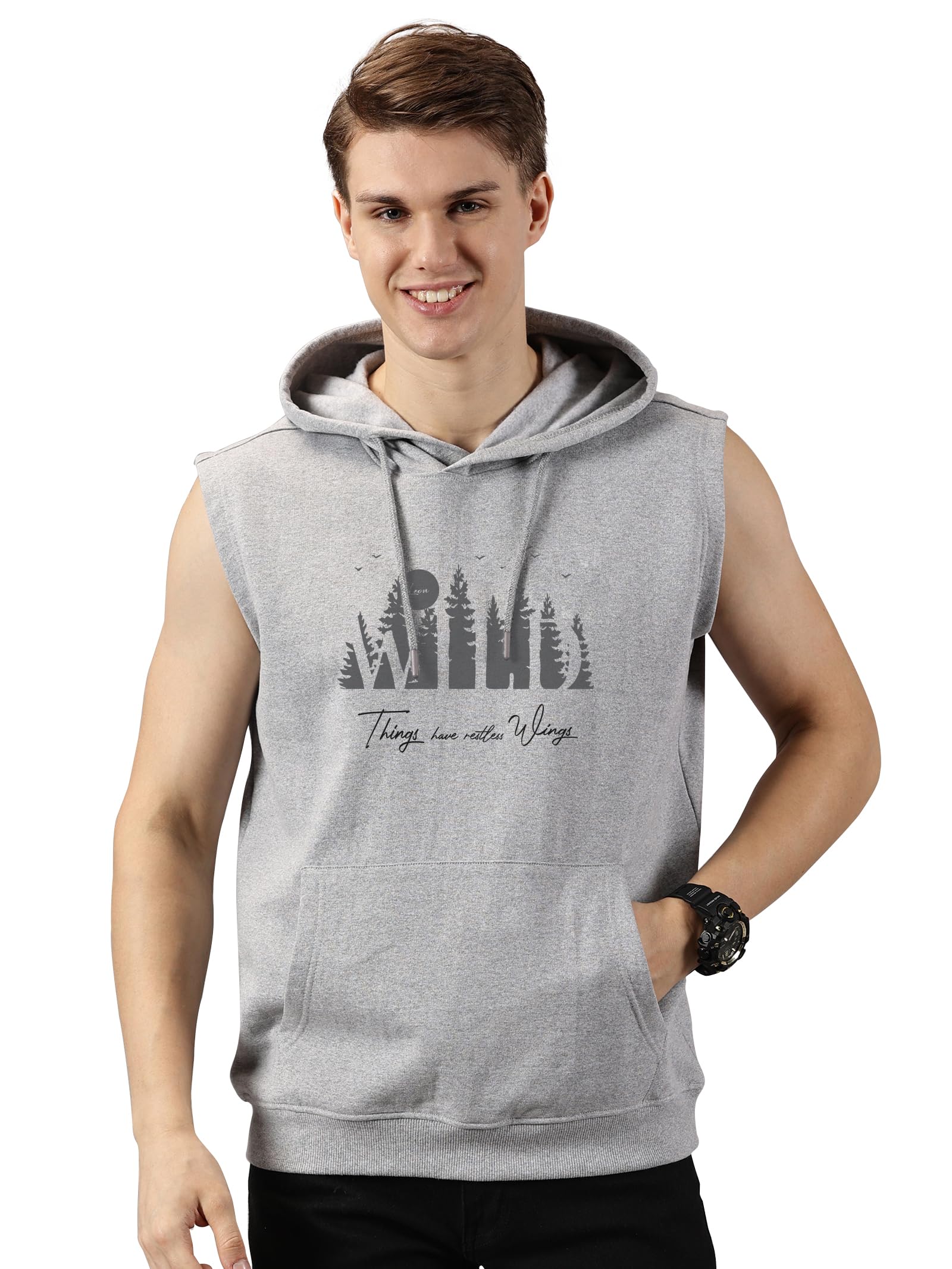 leon Men's Printed Sleeveless Hoodie | Poly Cotton Hooded Sweatshirt | Gym, Workout & Casual Wear | Regular Fit | Kangaroo Pocket-picture-9