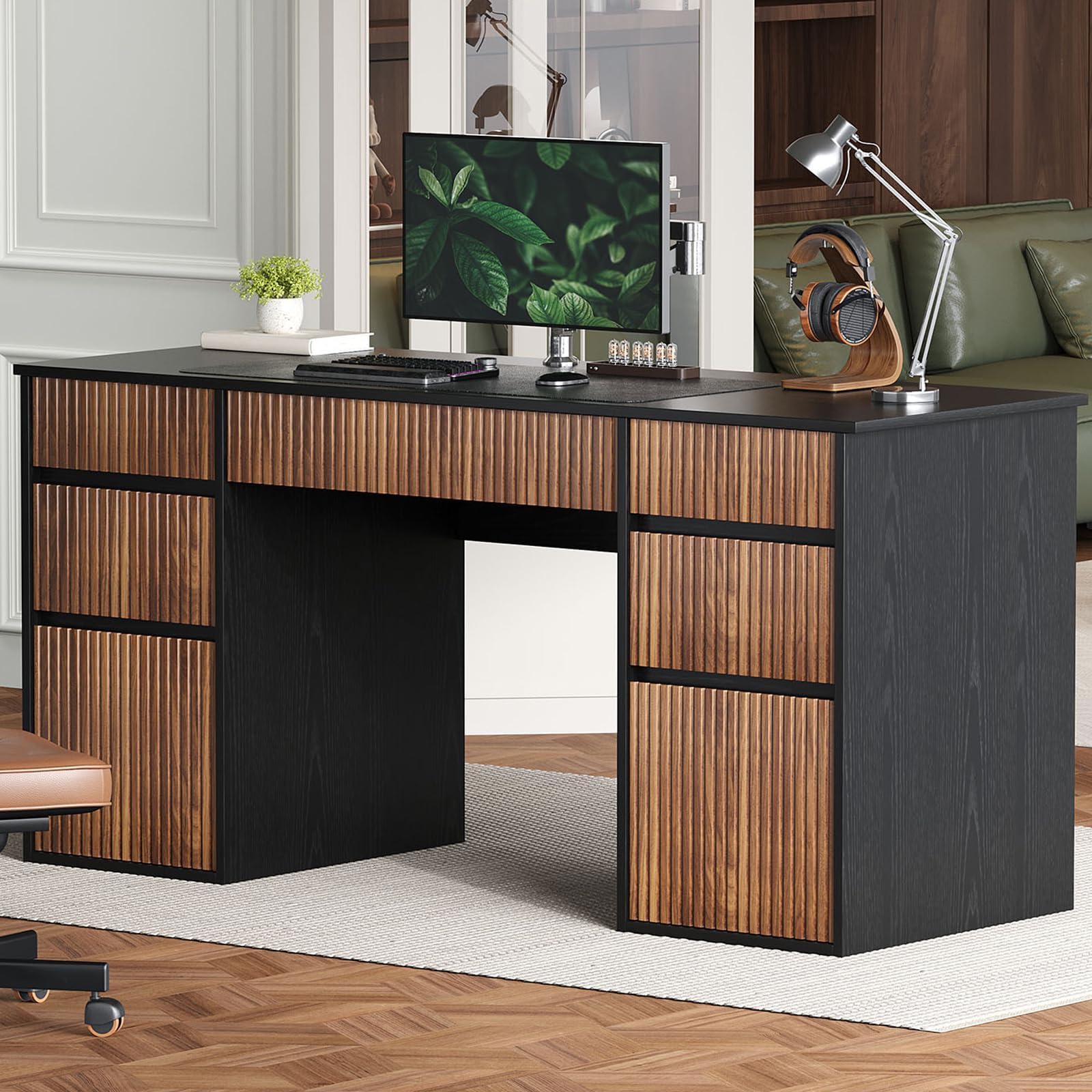4 EVER WINNER Black Desk with Drawers 58 Executive Office Desk with 7 Drawers and Hidden Handle Computer