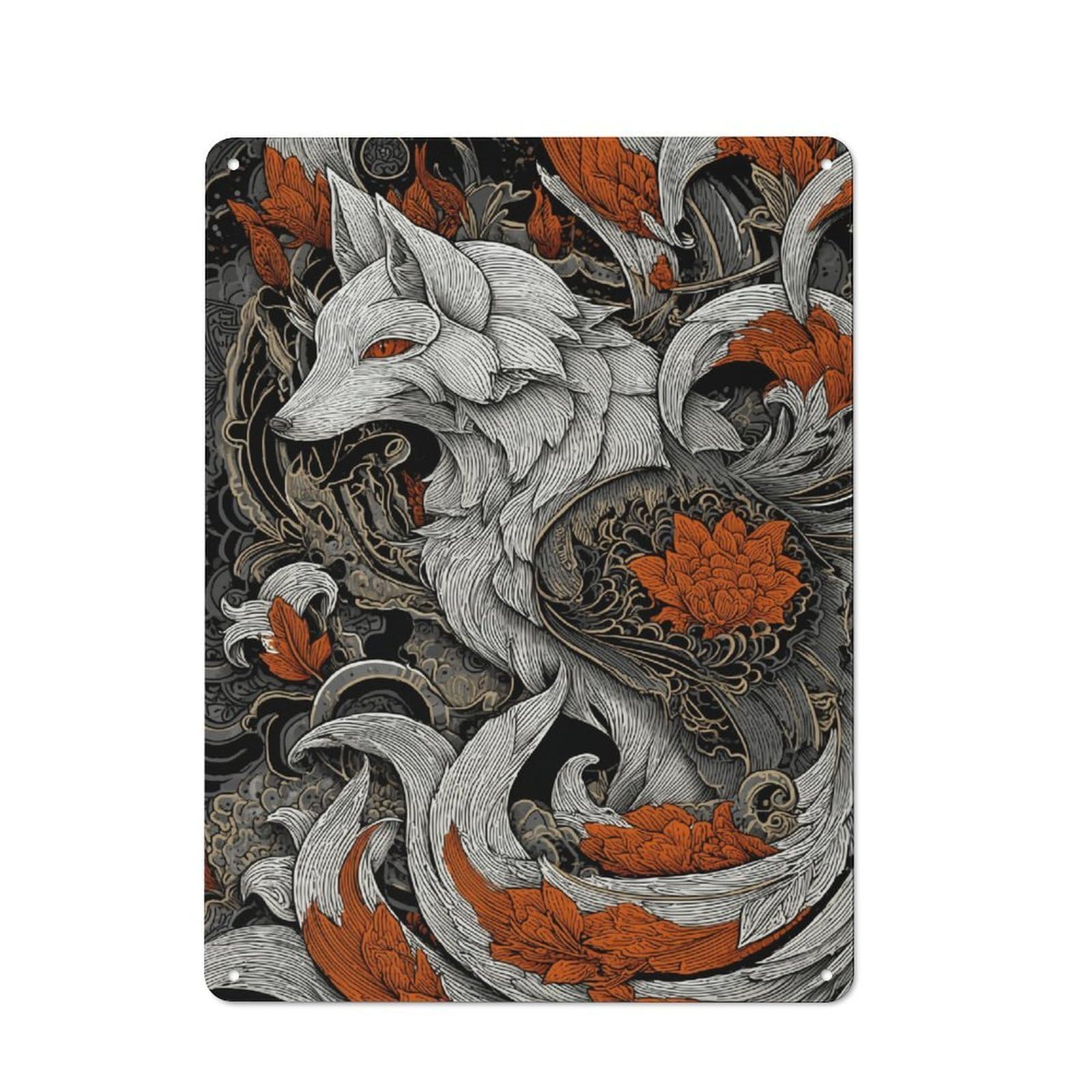 Junmoney Fox Amidst Floral Whirlwind Vintage Bistro Metal Sign 40X30cm, Bistro Wall Plaque For Takeaway, Bar, Kitchen Or Counter Area