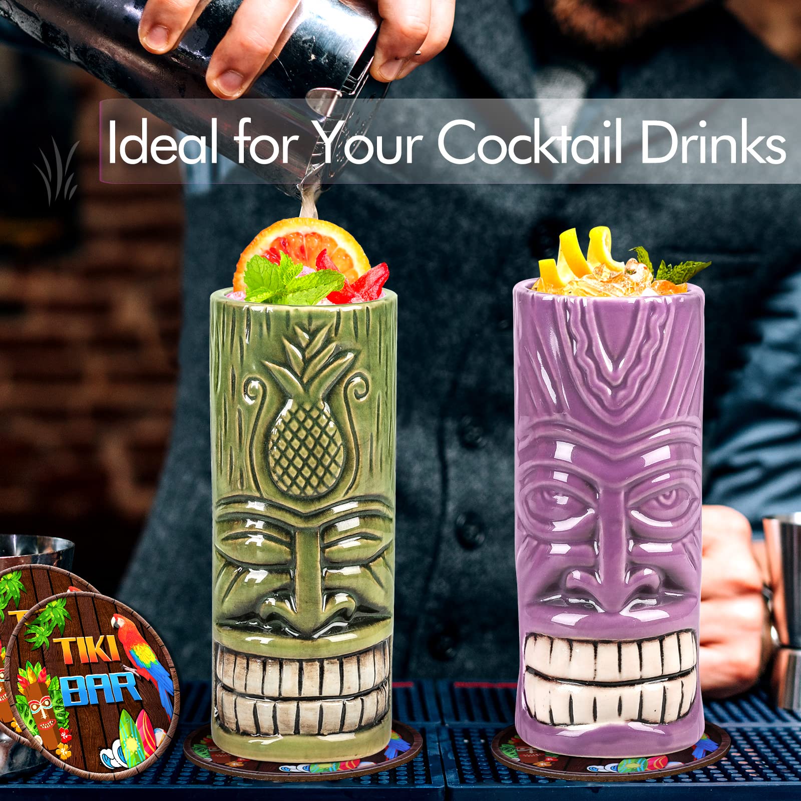 Verre Tiki Tiki Mugs Set Of 4 - Large Ceramic Hawaiian Party Cups With  Stainless Steel Straws, Hand-Painted Design Tiki Bar Accessories