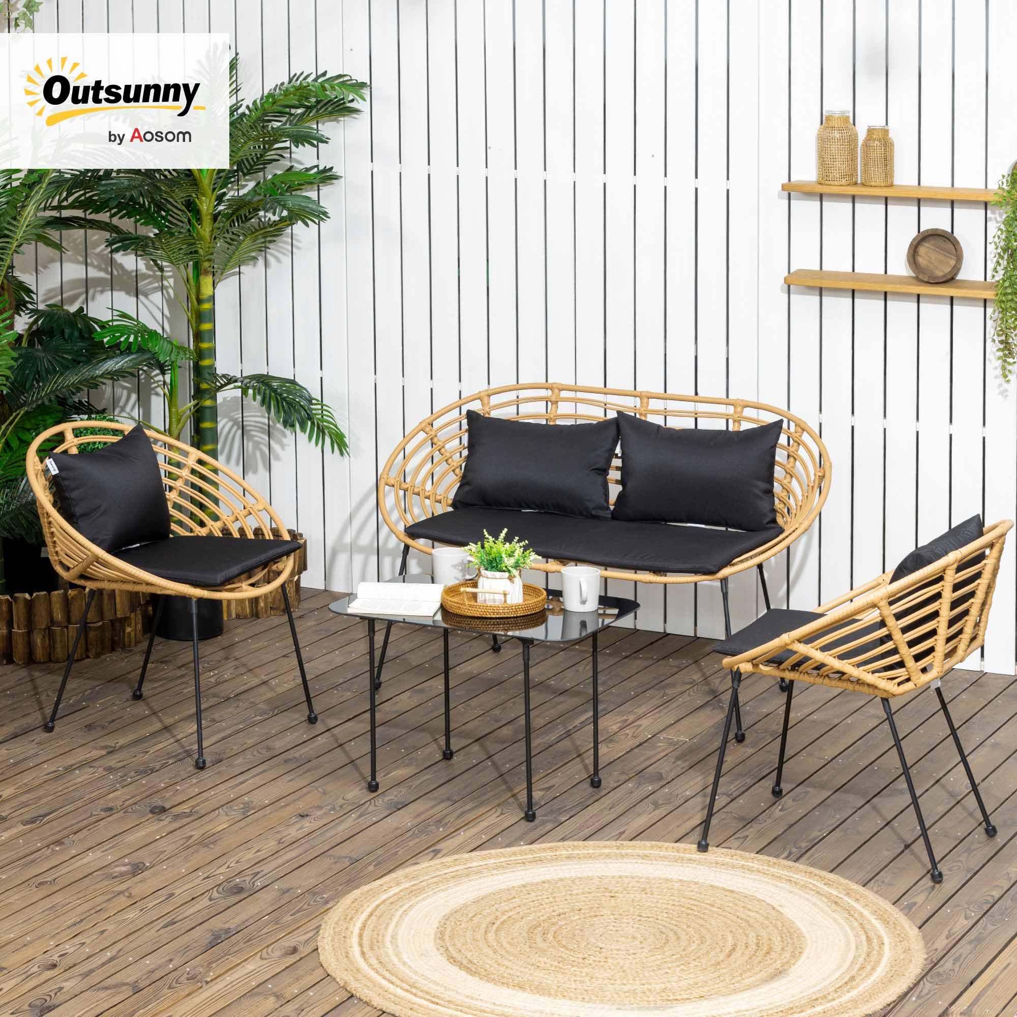 Outsunny Conjunto de Jardín Exterior de Ratán Sintético de 4 Piezas Muebles de Jardín Exterior Incluye 1 Sofá Doble 2 Sillones y Mesa de Vidrio con Cojines Natural y Negro
