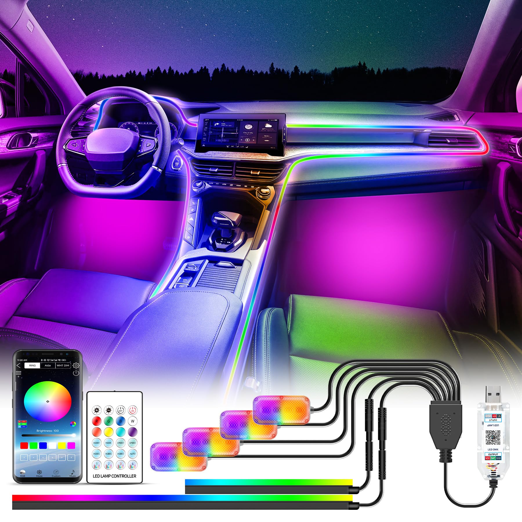 Kit Lumière Voiture APP Kit Éclairage LED Intérieur Voiture Wilktop - 2 Lignes, 9 LEDs, Contrôle APP Et Télécommande - Ambiance RGB Multicolore éclairage Led Intérieur Voiture