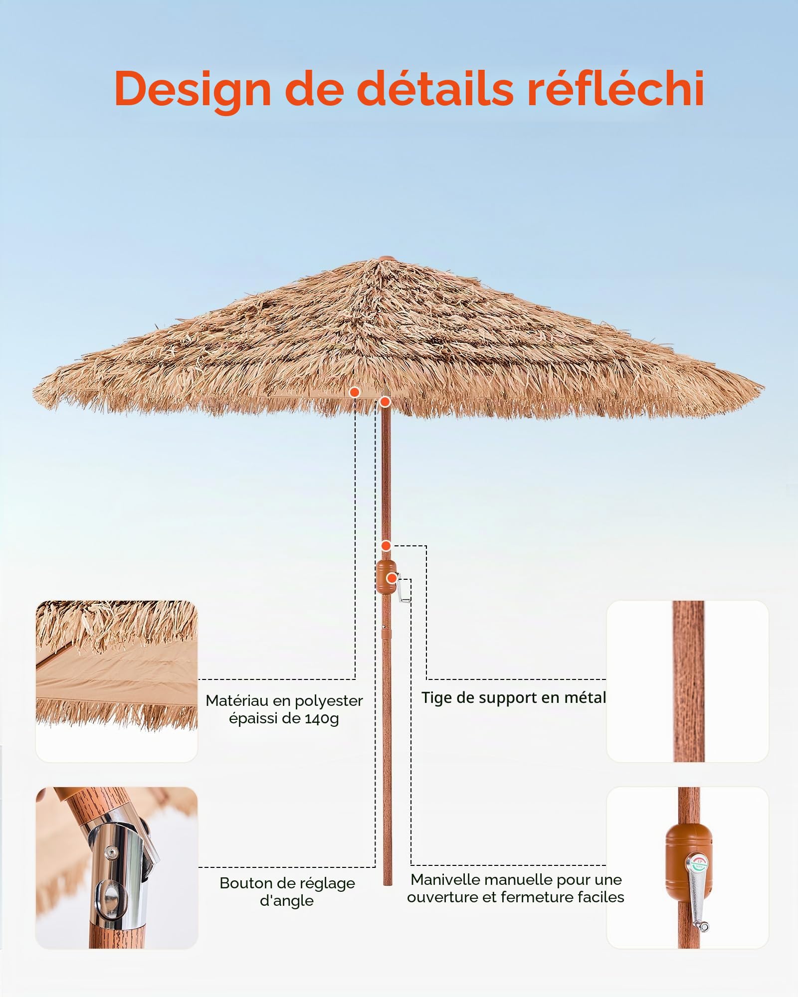 VEVOR Tiki – Parasol de terrasse inclinable, style hawaïen avec chaume en polypropylène durable, pour plage, terrasse, bord de piscine, arrière-cour et jardin