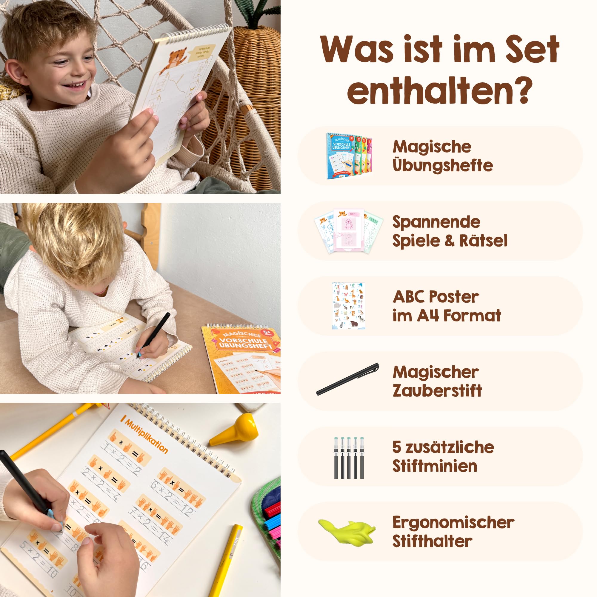 Edubini Magische Vorschule Übungshefte ab 5 Jahren für Junge & Mädchen - [6 Hefte + Stift] - Wiederverwendbare Schreiblernhefte für Vorschule - Buchstaben lernen, Schreiben lernen (6er Set)