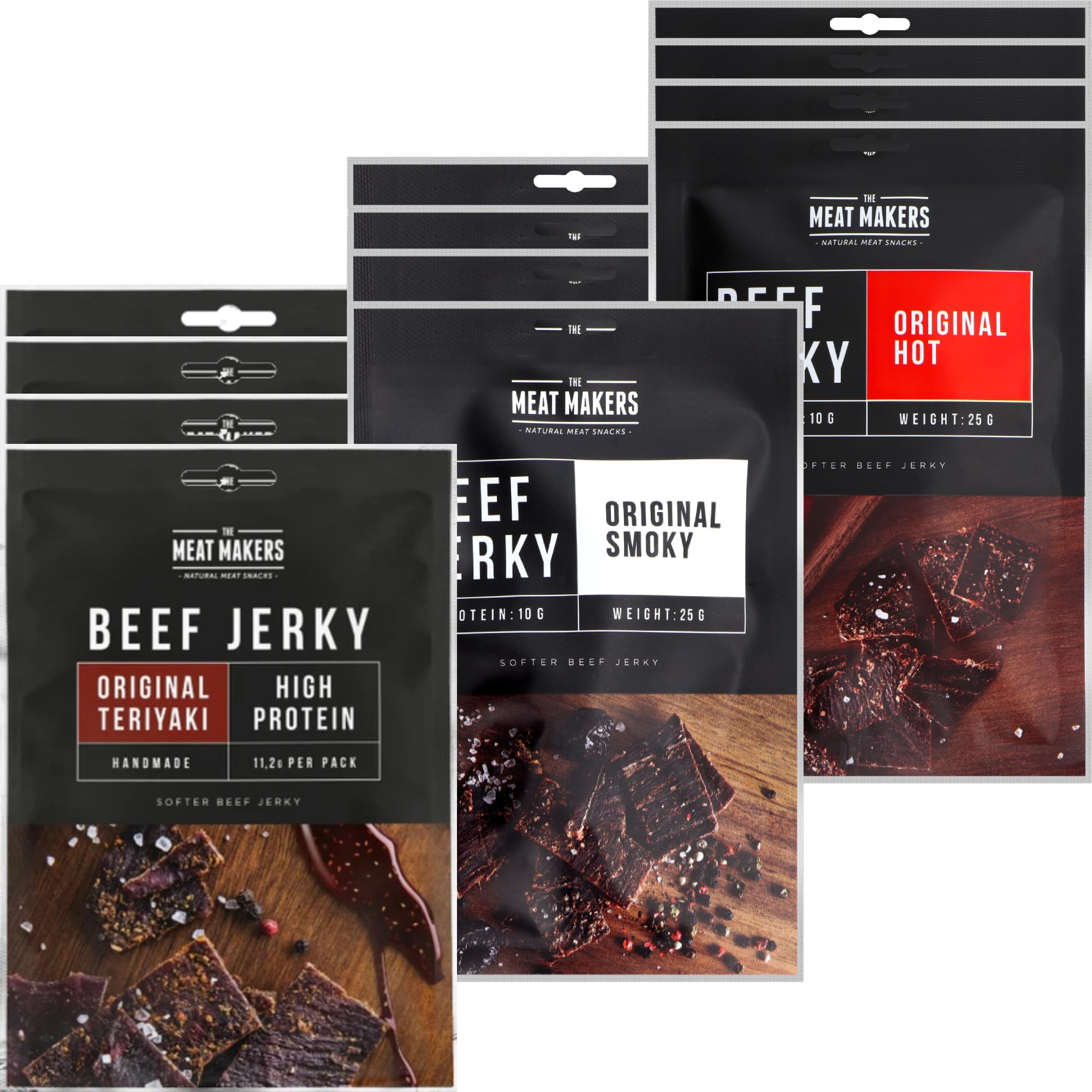 The Meat Makers Dried Beef Jerky Snack Mix Smoky Teriyaki Hot 300g (12x25g) - Cecina de Vaca, Carne Seca, Snack de Carne, Carne seca para personas.