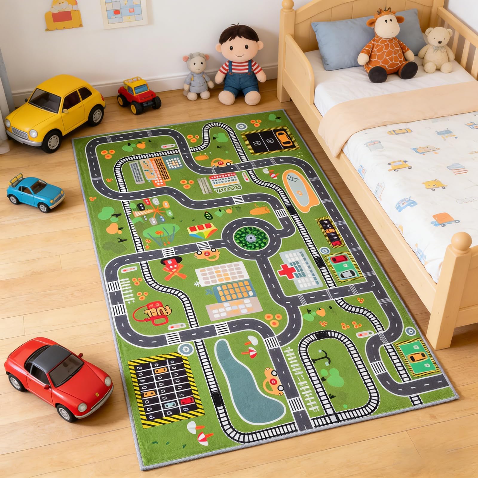Tapis de Jeu éducatif Plan de Ville, Tapis de Sol épais et rembourré pour Chambre de garçon, Tapis d'apprentissage interactif avec stationnement et Panneaux de signalisation