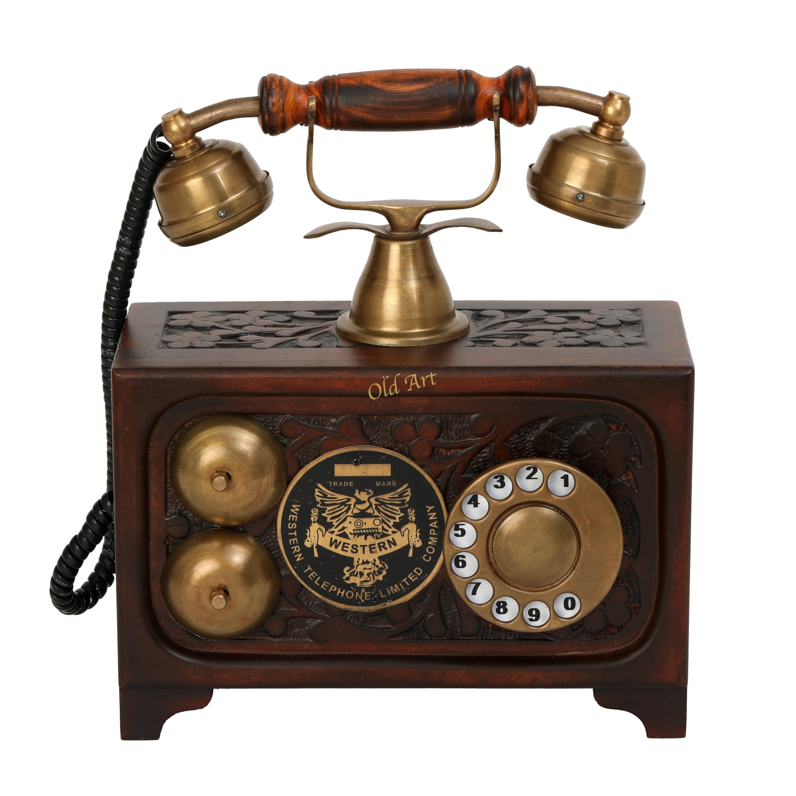 Vintage Look Telephone Brown Finish Brass and Wooden Carving Decorative Showpiece Telephone Non Working Decor Telephone only for showpeace-image-33