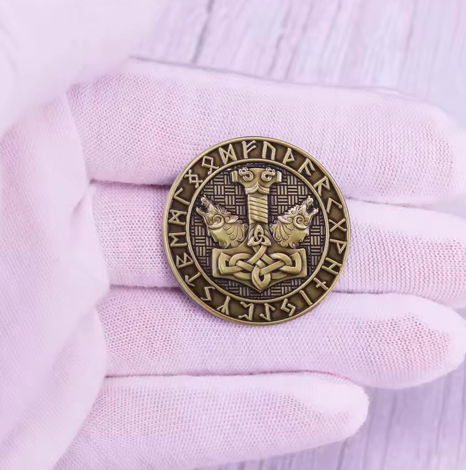 Thor Hammer Mjolnir Valknut Knot Viking Norse Rune Runes Symbol Odin God Celtic Mythology Wolves Wolf Fenrir Ragnarok 1.3" Enamel Pin Badge - Image 2