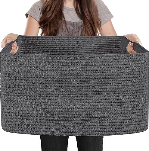 Cesta de cuerda extragrande, cesta rectangular de mimbre de 23.6 x 17 x 12 pulgadas, cestas de almacenamiento de juguetes para niños, cesta tejida