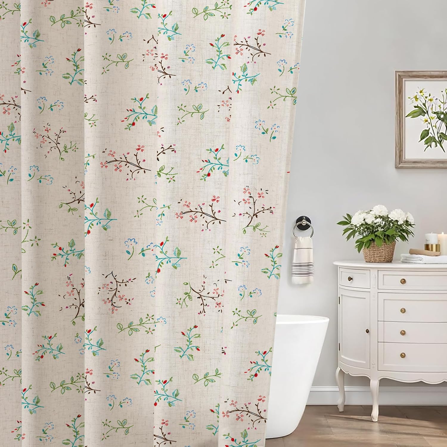 WOUVMA Floral Shower Curtain Vintage Linen Rustic Boho Farmhouse Shower Curtain for Bathroom 72" W x 72" L
