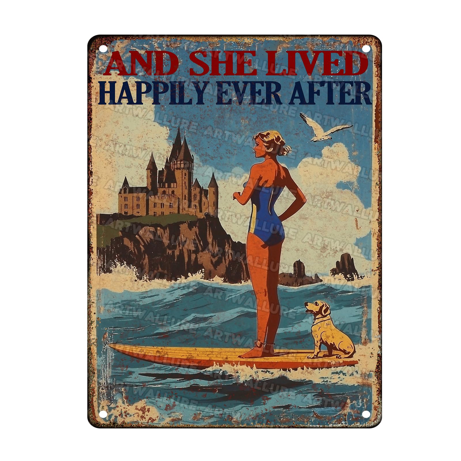 Dog Vintage Sign And She Lived Happily Ever After Metal Tin Sign for Bar Man Cave Home Bedroom Office Kitchen Sign 12x16inch