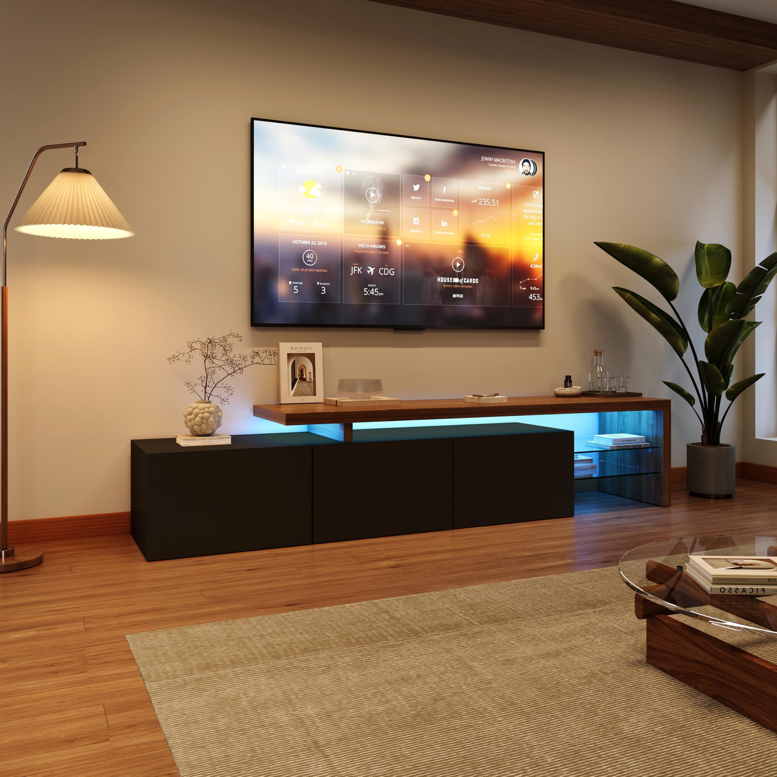 Moderno mueble de TV con LED, mesa de TV con 3 compartimentos, mueble bajo de TV brillante, mesa de salón con estante de cristal, armario de almacenamiento en acabado madera (negro, 200 x 39 x 42 cm)