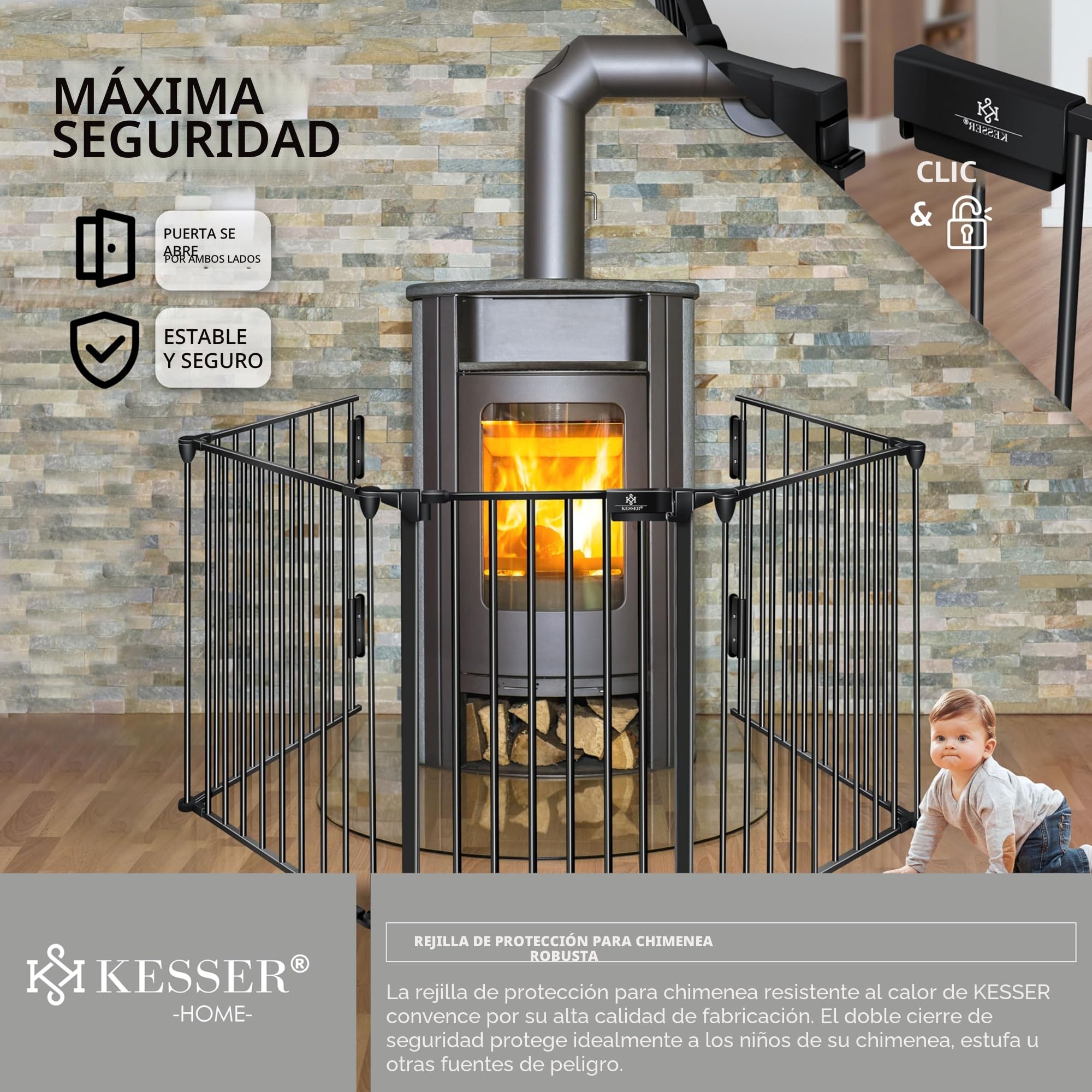 KESSER® Rejilla Protectora para Chimenea con Puerta de Metal, Rejilla de protección para el Horno, Parque Parque de Seguridad, Rejilla de Seguridad para niños, 305cm