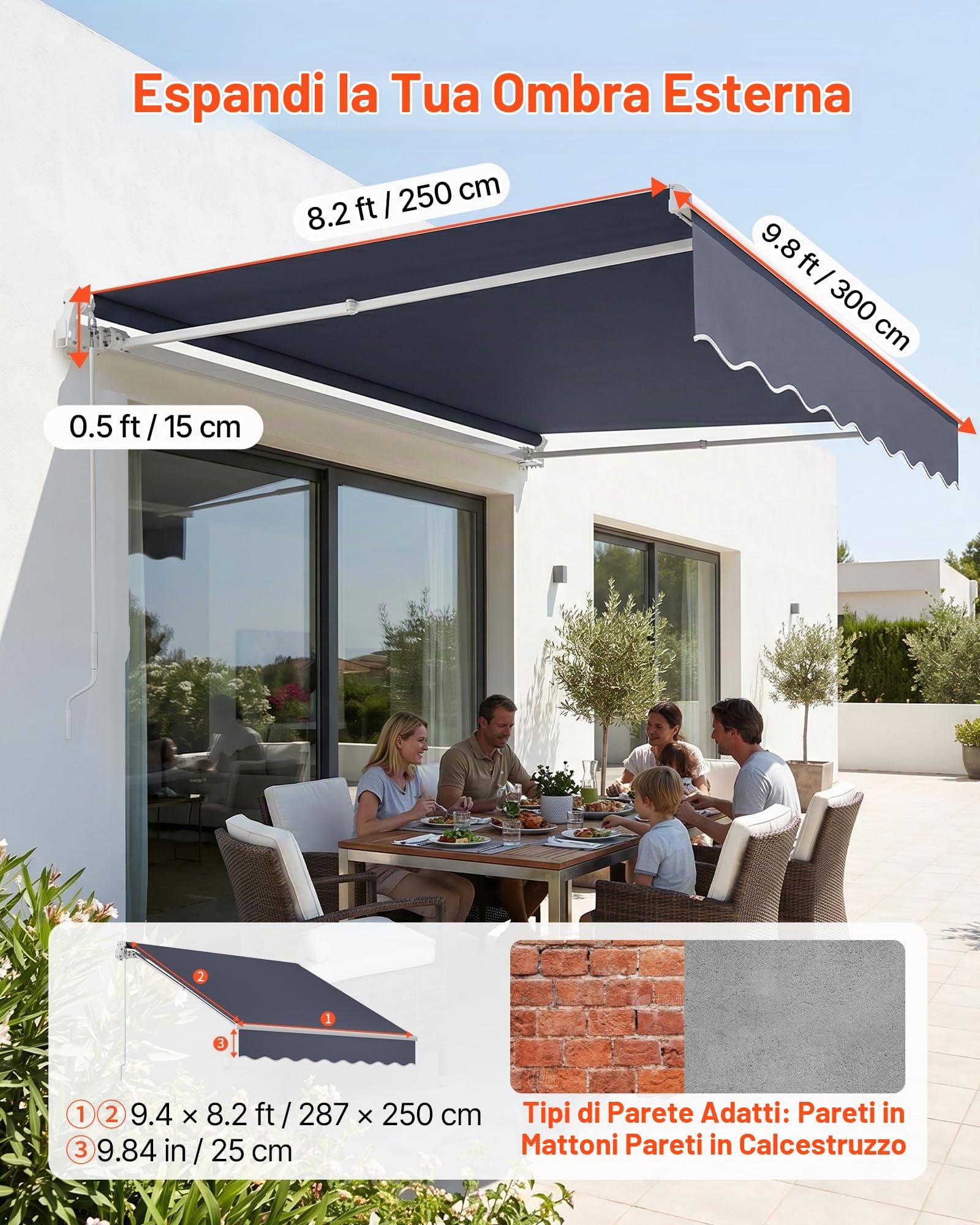 VEVOR Tenda da Sole Retrattile Manuale 300 x 250 cm uso Esterno, Tendaggio Parasole Regolabile, Realizzato in Poliestere Impermeabile Grigio, con Manovella, per Ristoranti Bar Terrazze Porte Cortili