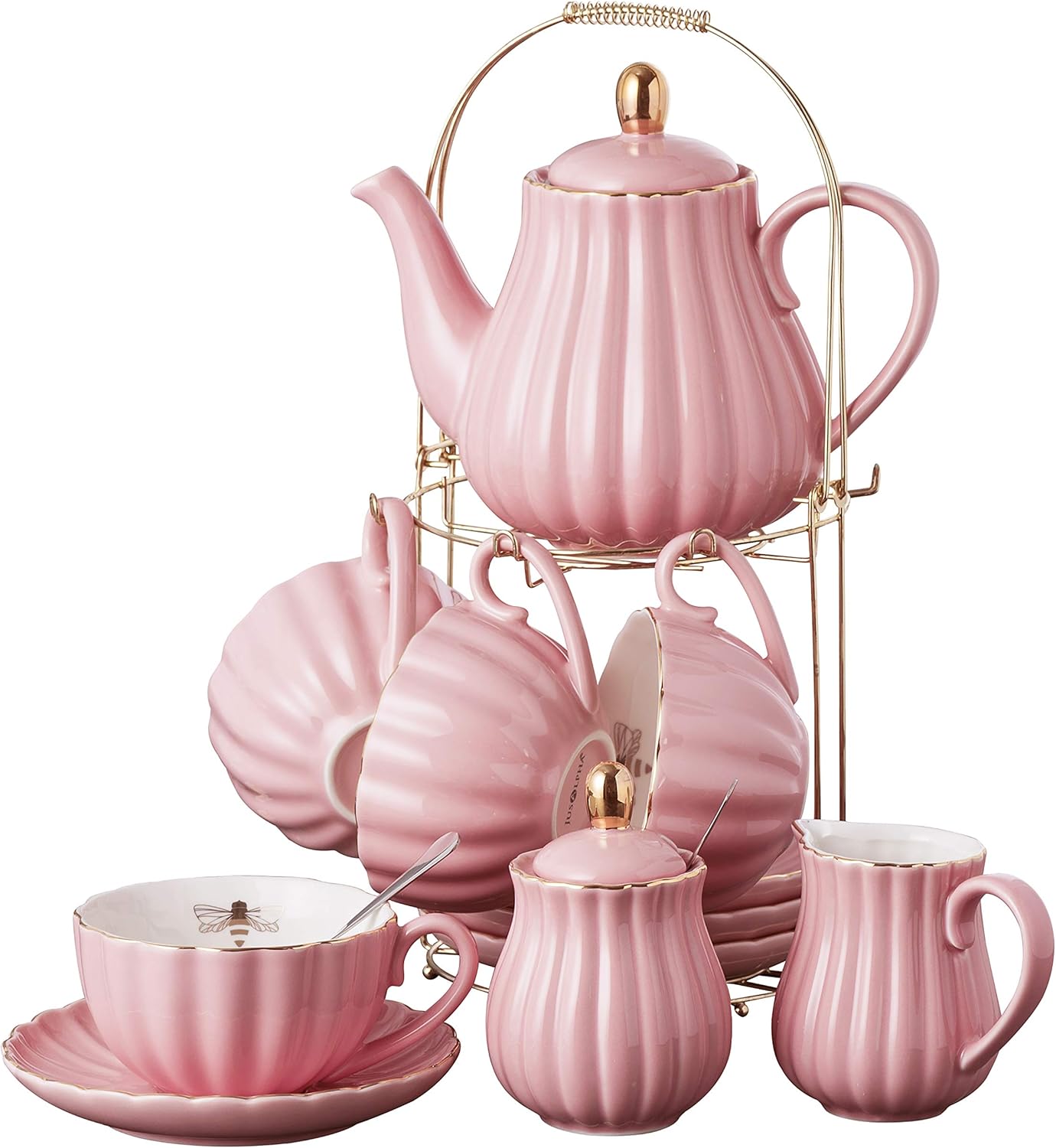 Jusalpha Fine China Pink Coffee Cup/Teacup Set, 7 OZ Cups& Saucer