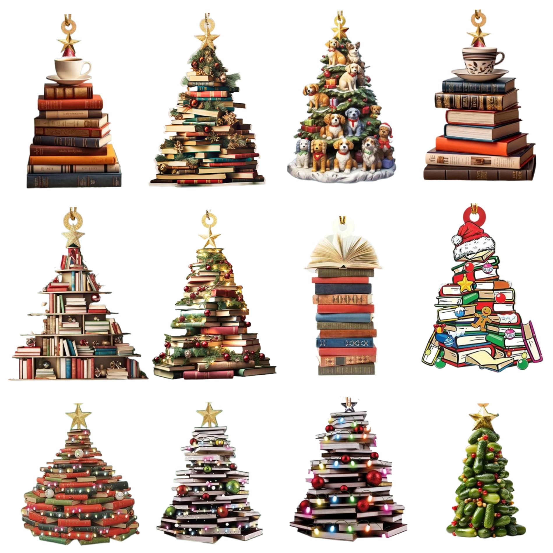 Book Tree Ornament 12Pcs Christmas Book Tree Ornament 3 inch Acrylic 2D Stacked Hanging Little Christmas for indoor and Outdoor Decor