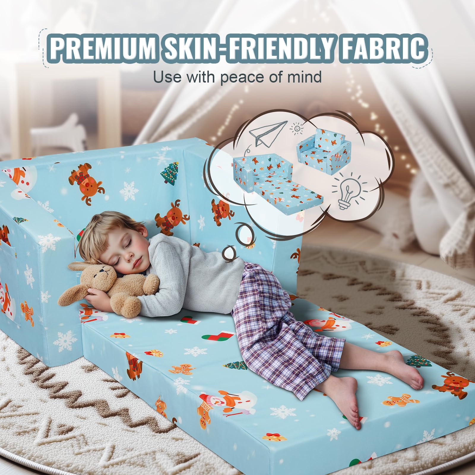 VEVOR Seggiolone Pieghevole 2 in 1, Divano Letto per Bambini, Divano in Schiuma Morbida, Sdraietta Trasformabile, Sedia per Bambini, Mobili per Sala Giochi, Blu