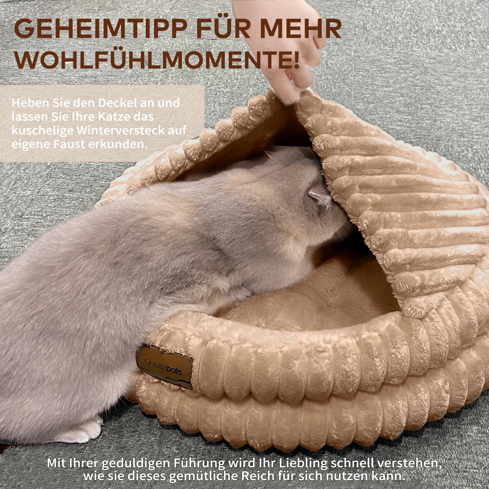 CheerPals Panier Chat avec Couvercle, Lit pour Chat Forme Grotte Épais (1,41 KG), Coussin Douillet avec Toit, Niche Intérieure pour Cachette et Sommeil, 50x50x15 cm