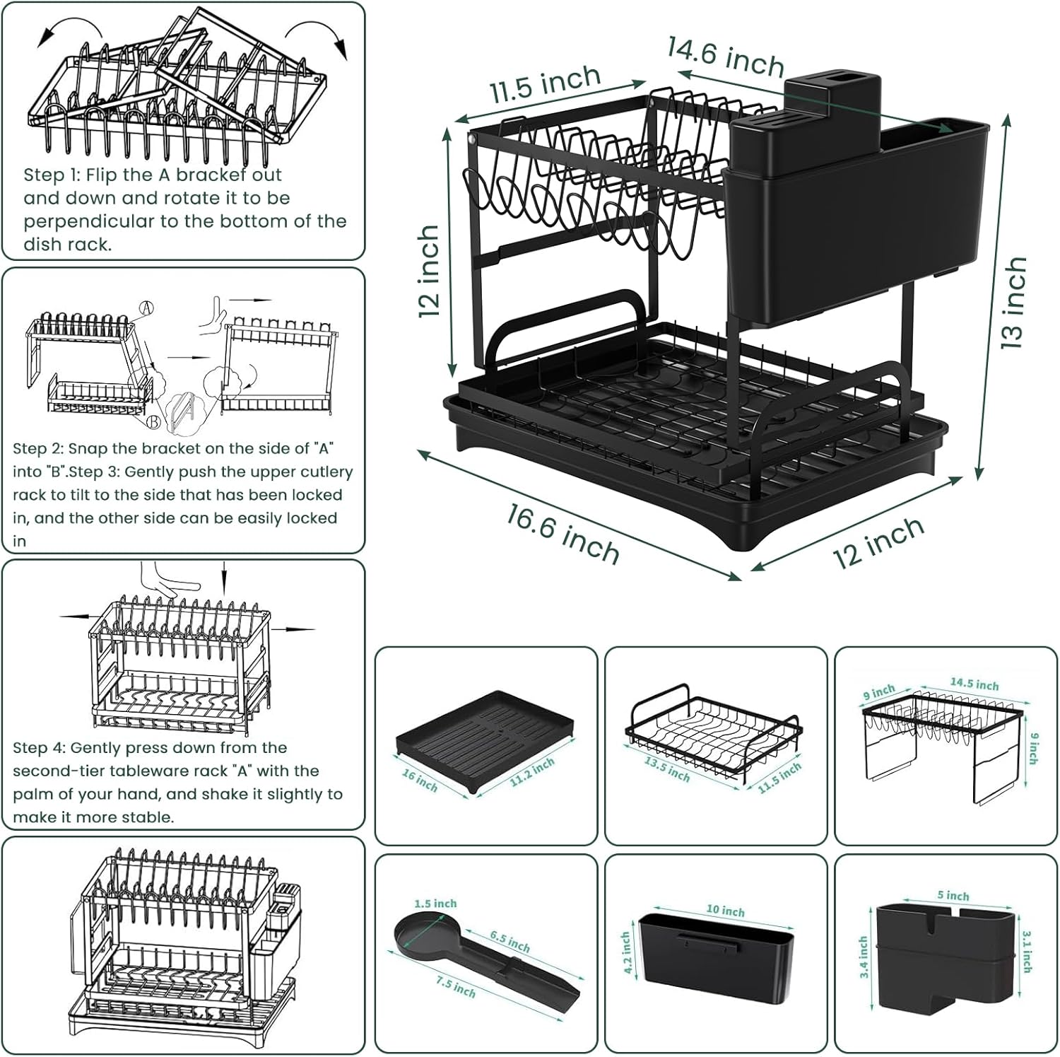 Dish Drying Rack,2-Tier Dish Racks for Kitchen Counterwith Drainboard & Utensil Holder,Large Dish Drying Rack for Bowls/Cups/Bottles(Black)