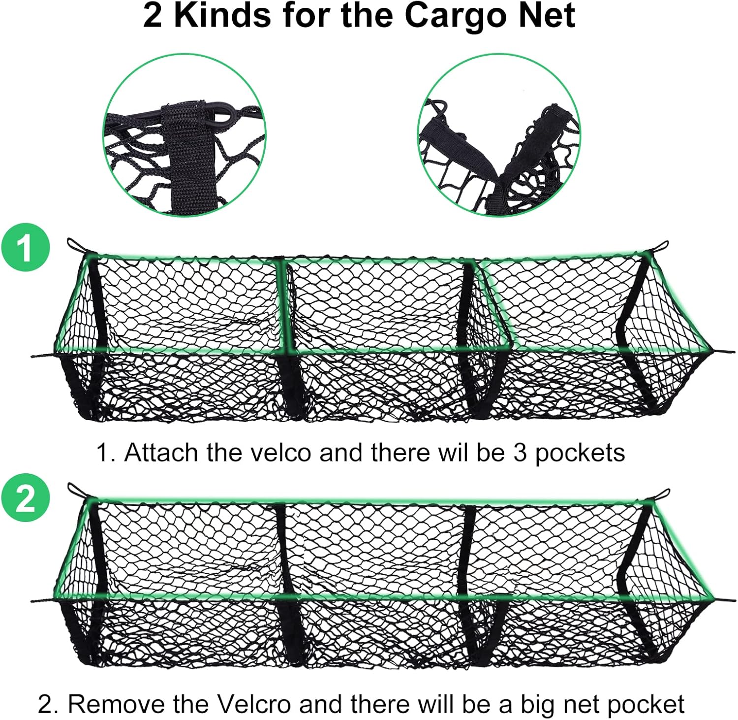 Truck Bed Cargo Net with Detachable 3 Pocket, 59“ Long Pickup Trunk Mesh Organizers & Elastic Storage for Tacoma Ford Chevy Silverado GMC etc,Grocery Holder Trunk Net with 8 Carabiners Accessories