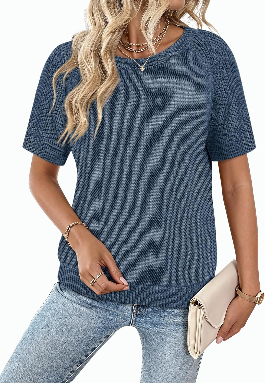 Womens Puff Short Sleeve Sweater Crew Neck Lightweight 2026 Spring Summer Casual Pullover Knit Tops - Image 2