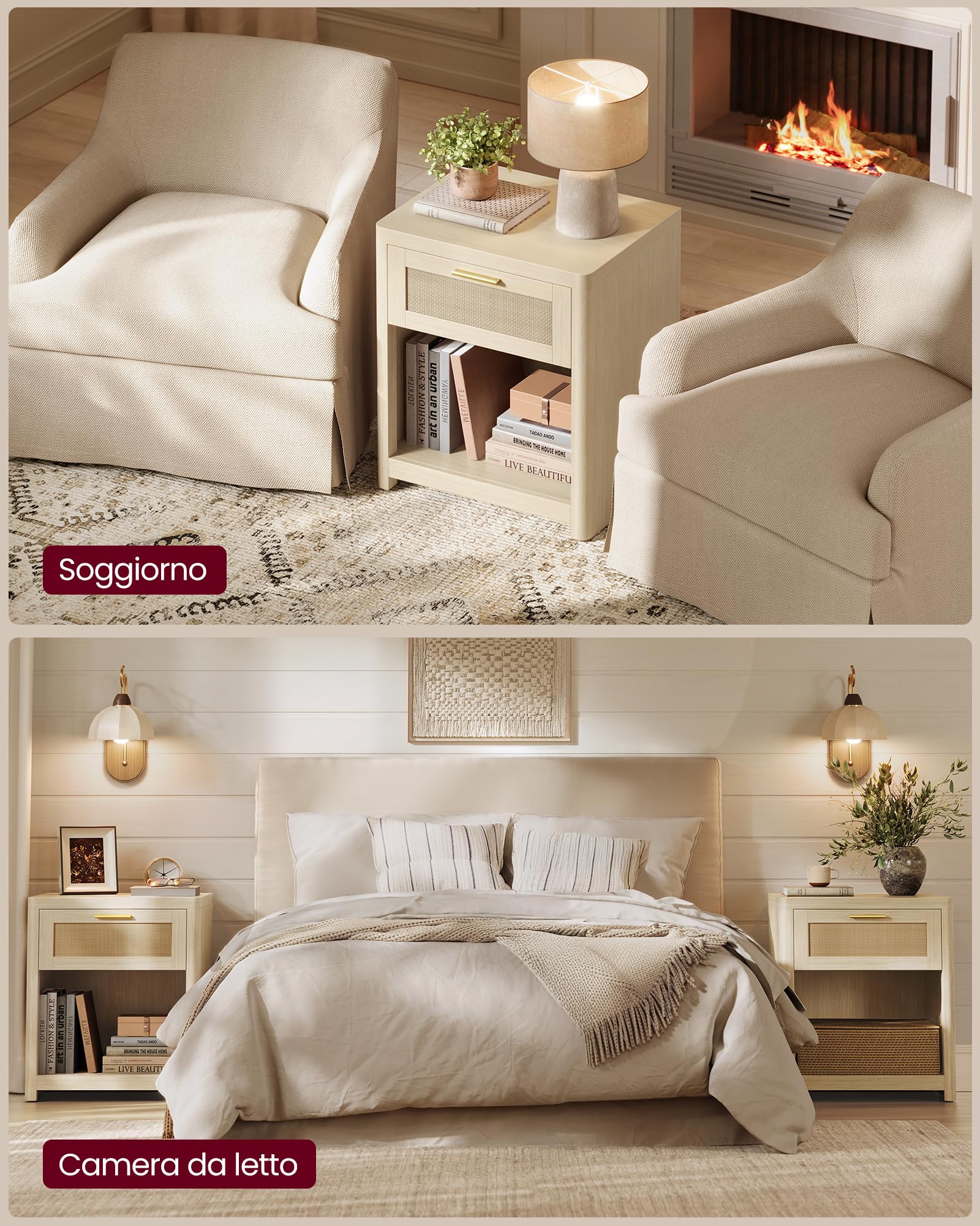 VASAGLE ELLAN Collezione - Comodini Boho con Cassetto Effetto Rattan, Set di 2, Tavolini con Scomparto Aperto, Angoli Arrotondati, Camera da Letto, Beige Naturale LET818LC01