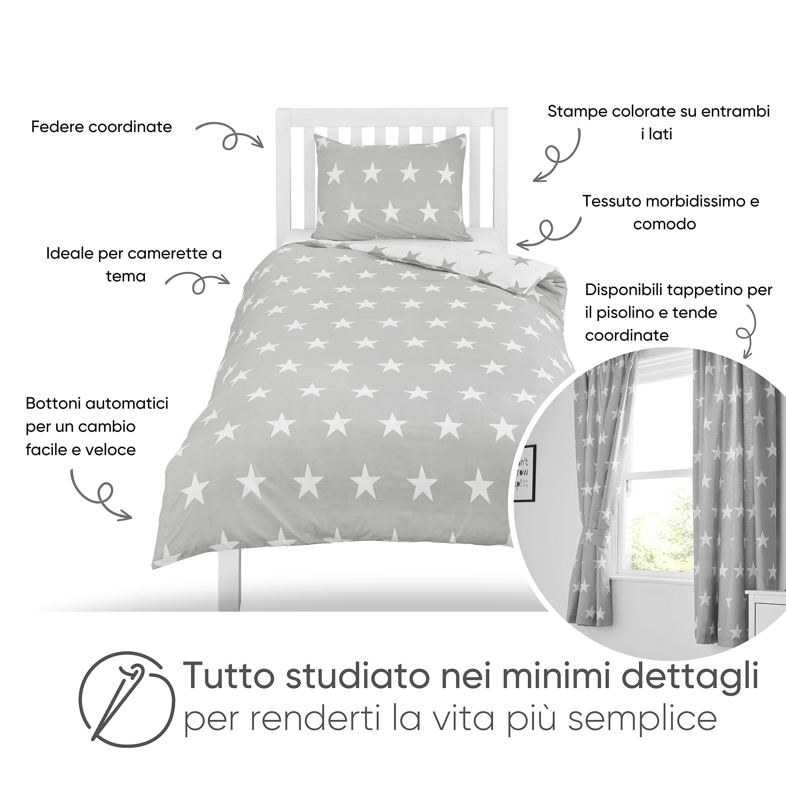 Bloomsbury Mill - Set Copripiumino Singolo Bambino e Bambina - Grigio & Bianco Stelle - Lenzuola Letto Singolo Reversibile - Set di Biancheria da Letto per Bambini - 135x200cm e Federe