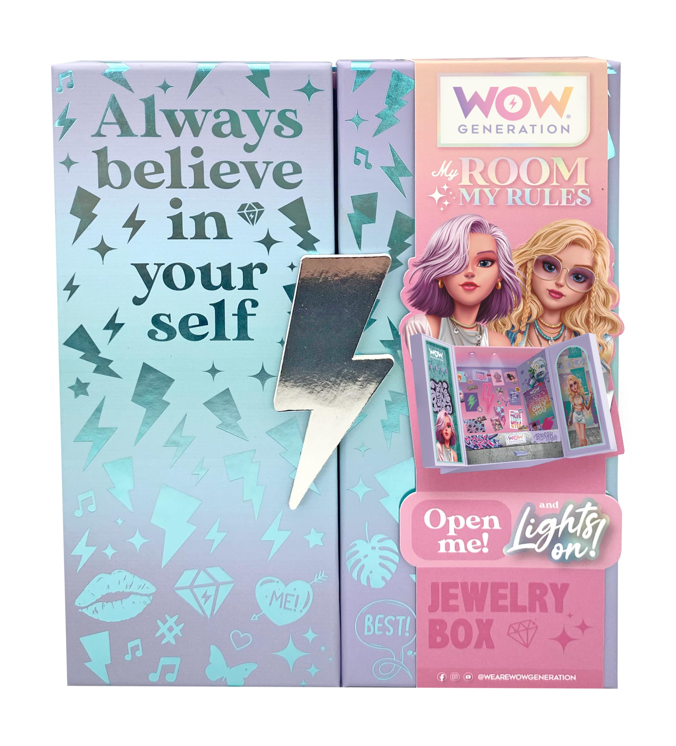 WOW GENERATION Joyero Infantil con Luces LED Organizador Bisutería Compartimentos Colgadores Base Felpa