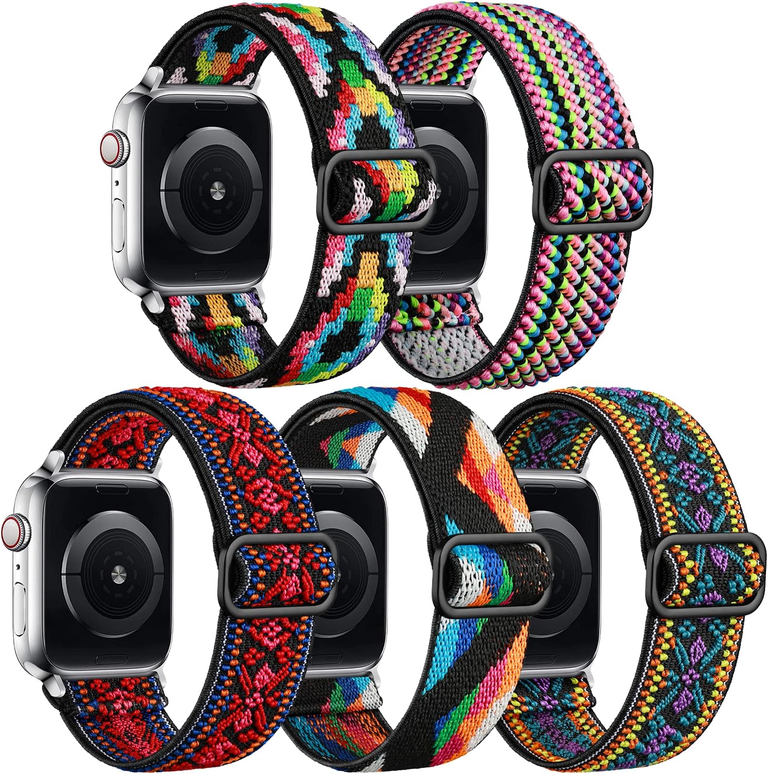 Easuny5 Pack Stretchy Bands Compatible with Apple Watch 38mm 40mm 41mm 42mm 44mm 45mm 49mm Women, Elastic Braided Nylon Strap Replacement Wristband for iWatch SE Series 8 7 6 5 4 3 2 1 Ultra Solo Loop