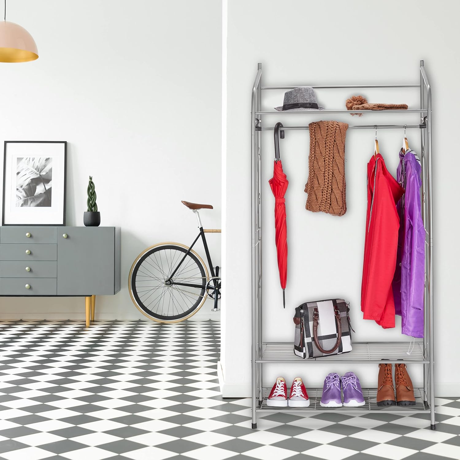 Relaxdays Vintage Metal Clothes Rack 161 x 78 x 36 cm 3 Shelves and Clothes Rail Silver