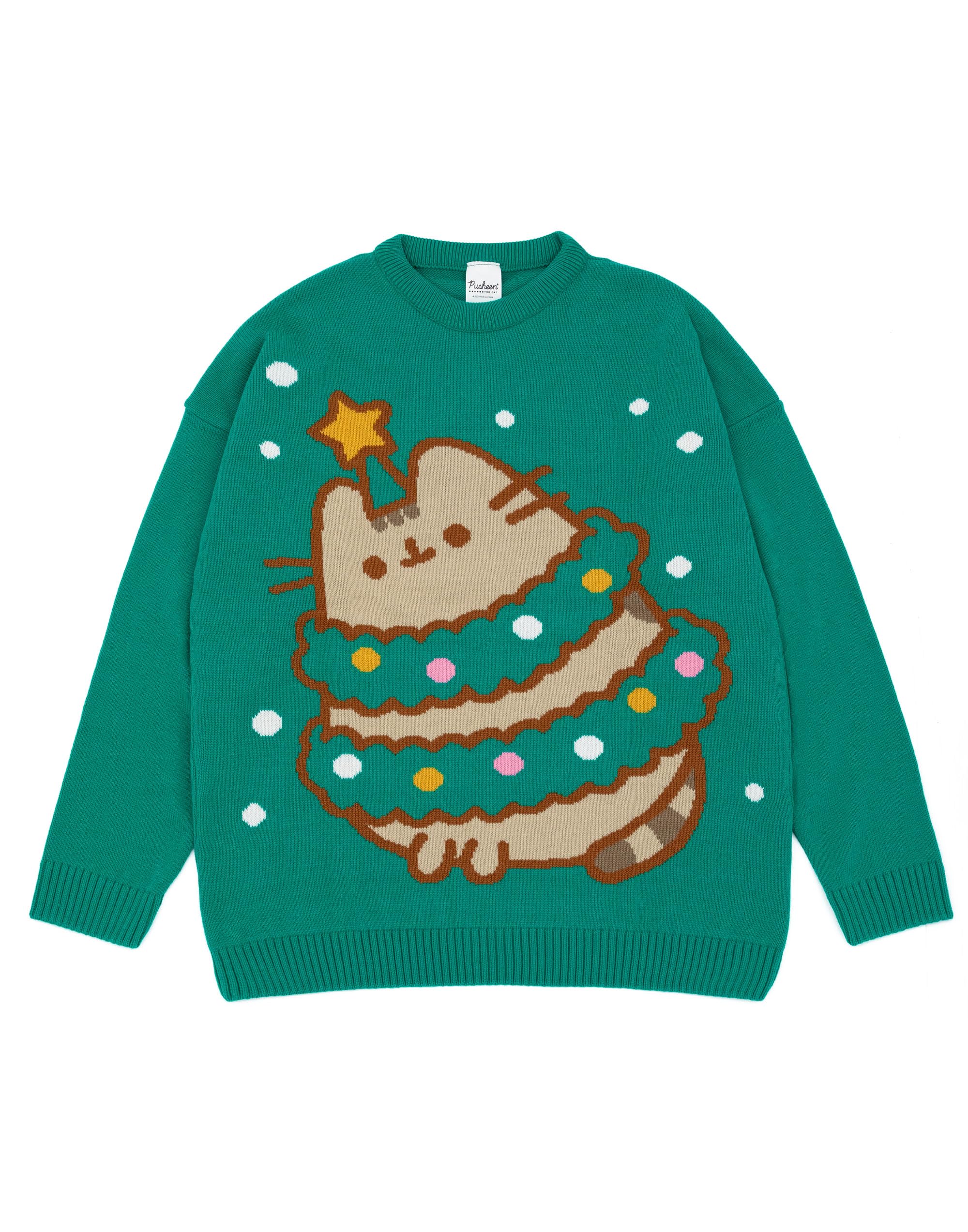 Pusheen Grüner Weihnachtsstrickpullover für Damen | Festlicher Feiertagspullover - Süß & Kuschelig | Stilvolle The Cat Weihnachtsbekleidung | Festliches Sweatshirt mit Katzenmotiv