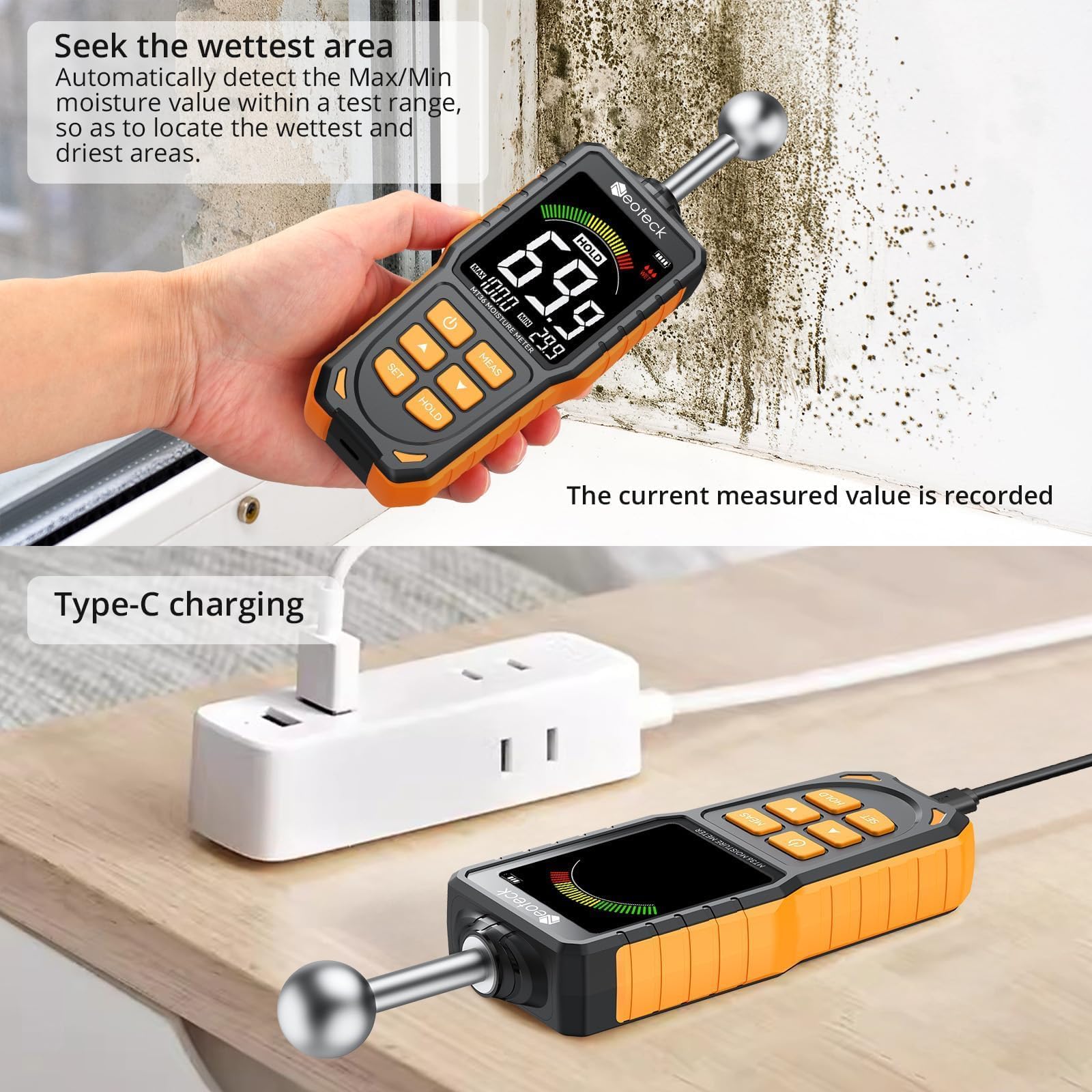 Neoteck Medidor de Humedad Recargable con Alarma Acústica, 5-40 mm Detector para Madera, Yeso, Cemento