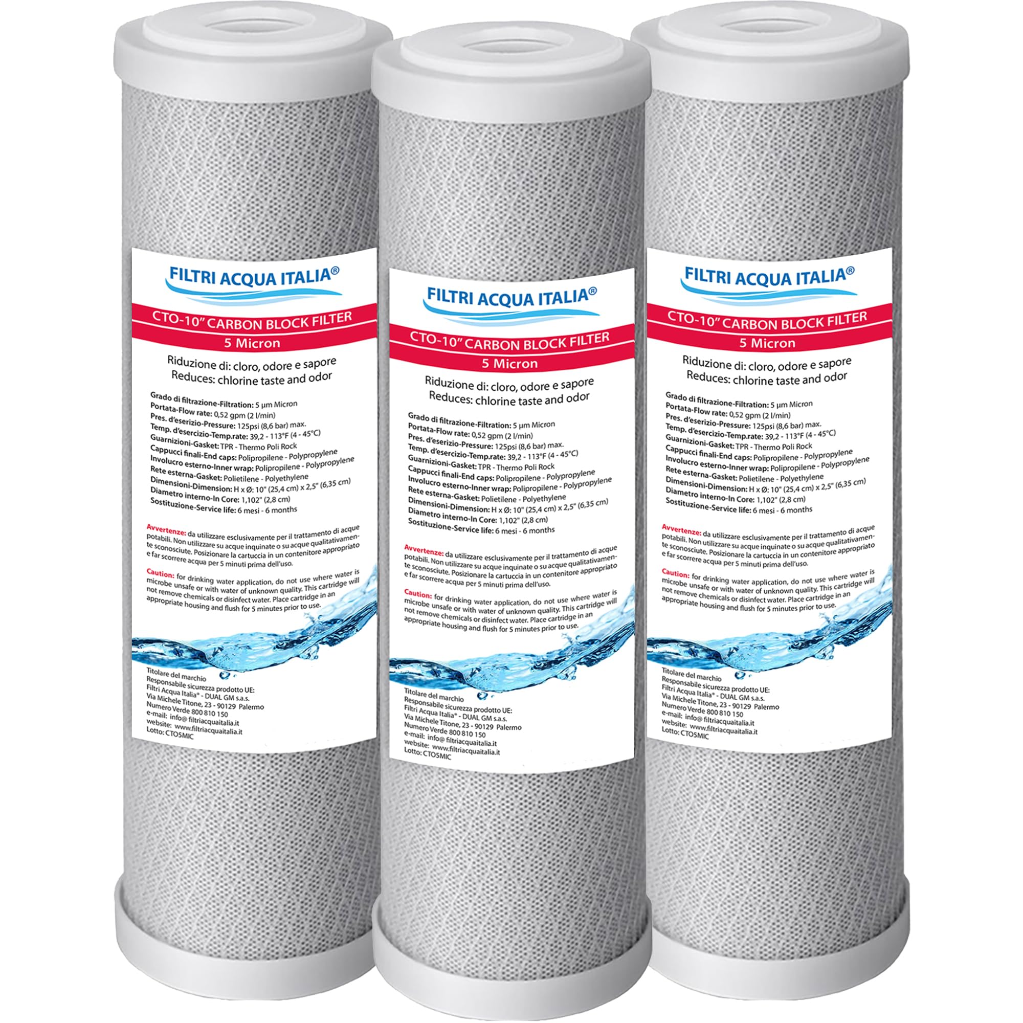 Cartuccia Carbon Block 5 Micron 10 Pollici CTO Filtro a carbone attivo per osmosi inversa Set 3 Pz. Filtri Acqua Italia®