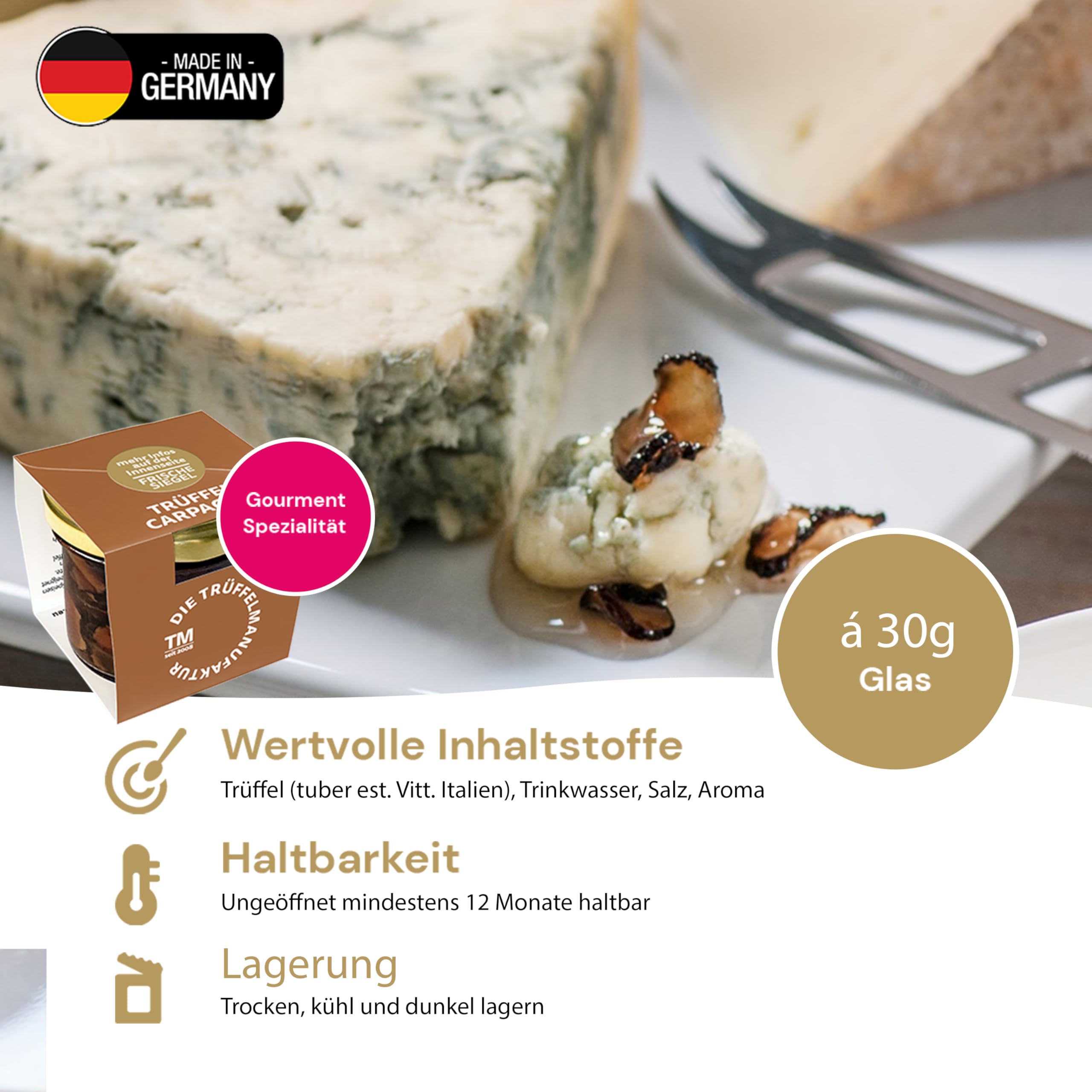 Die Trüffelmanufaktur - Feinkost Trüffel Carpaccio in feinen Scheiben und eigenem Sud, schwarzer echter Sommertrüffel, Trüffelscheiben im 30 g Glas perfekt als Beilage und zur Dekoration