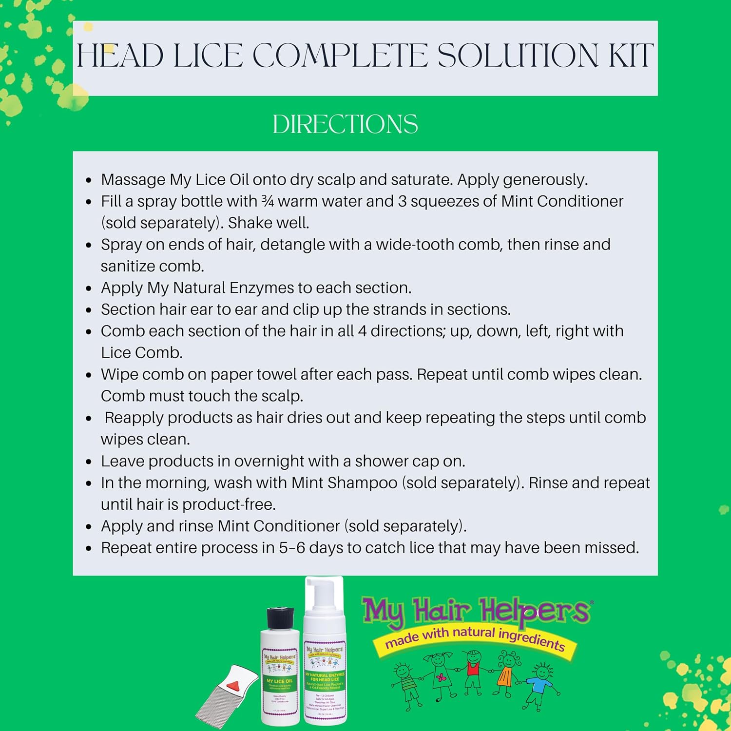My Hair Helpers Head Lice Solution Kit with Nit Comb, Dimethicone Oil, and Mousse, Lice Treatment Easy at Home Use, for 1-2 Kids - Image 5