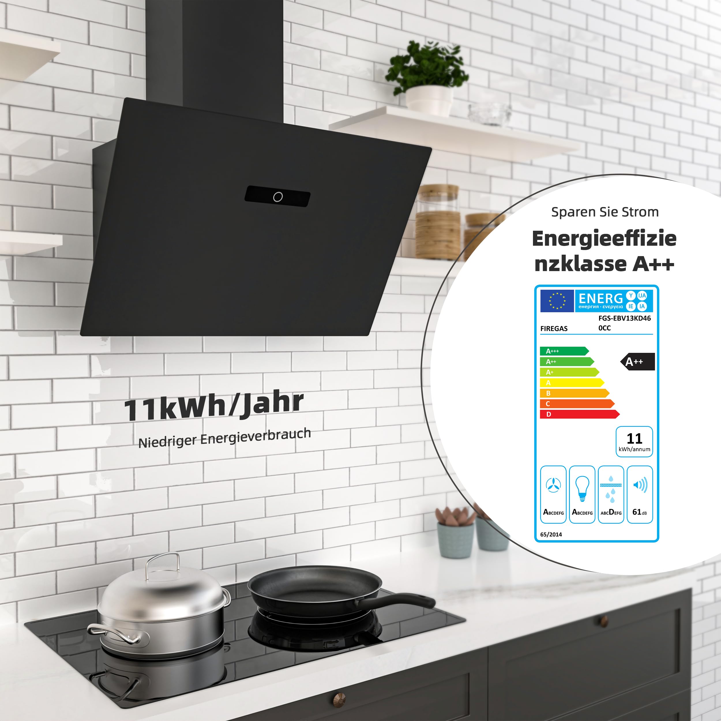 FIREGAS Dunstabzugshaube 60 cm Bürstenloser Motor Schwarz Glas 571m³/h TouchControl 9 Stufen Umluft Abluft