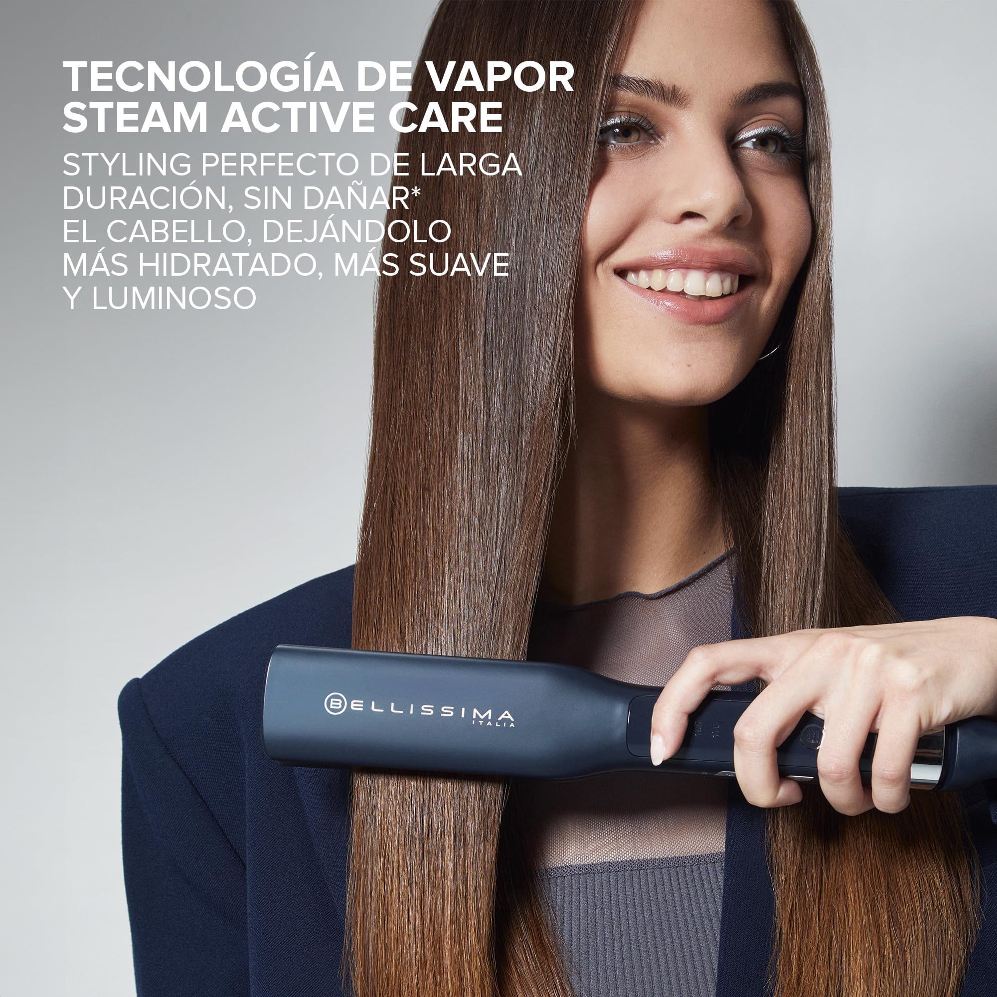 Bellissima Steam Elixir Deluxe Plancha Alisadora, Alisa El Cabello en un Solo Paso sin Dañarlo, Revestimiento de Cerámica y Queratina, Calentamiento Rápido, 4 Temperaturas, Diseño Redondeado