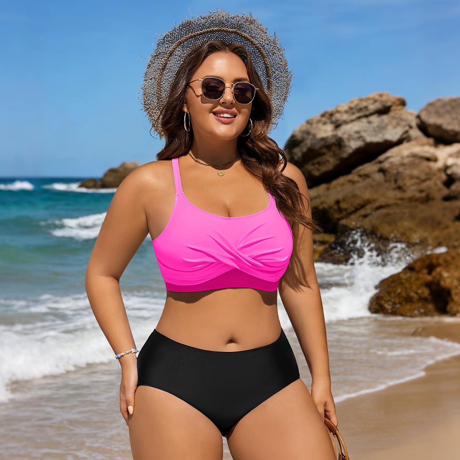 Women Plus Size Bikini Top - Push Up Twist Front Swim Top Full Coverage Swimsuit Tops Bathing Suit Bra for Large Bust