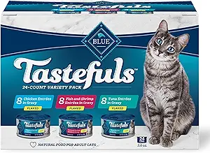 Blue Buffalo Tastefuls Flaked Wet Cat Food Variety Pack, Made with Natural Ingredients, Tuna, Chicken, Fish & Shrimp, 3-oz Cans (12 Count, 4 of Each)