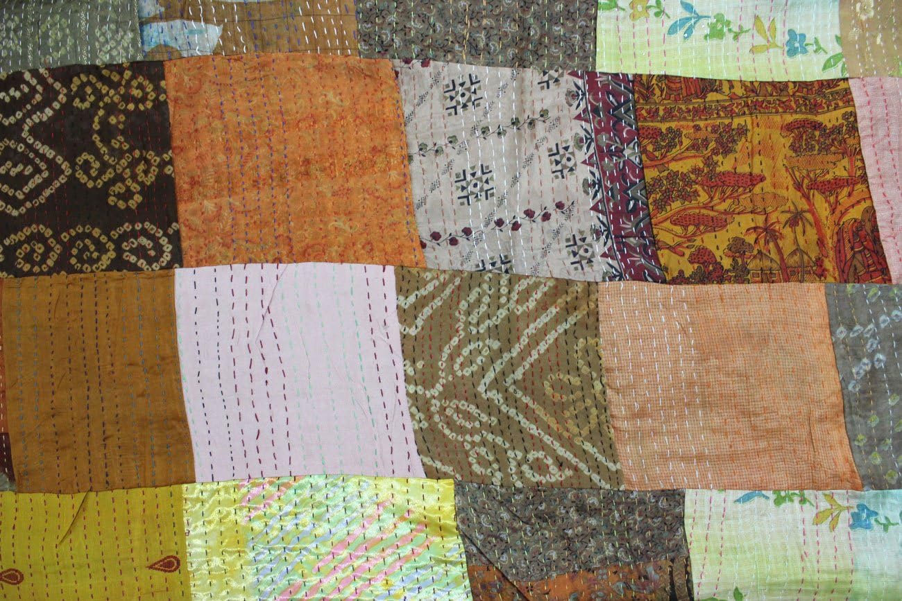 Mango Gifts Traditional Indian Silk Patola Quilt, Queen Size 82" X 102"inches, Kantha Stitch Gudri Bedspread and Bed Cover and Raill, Red Color India